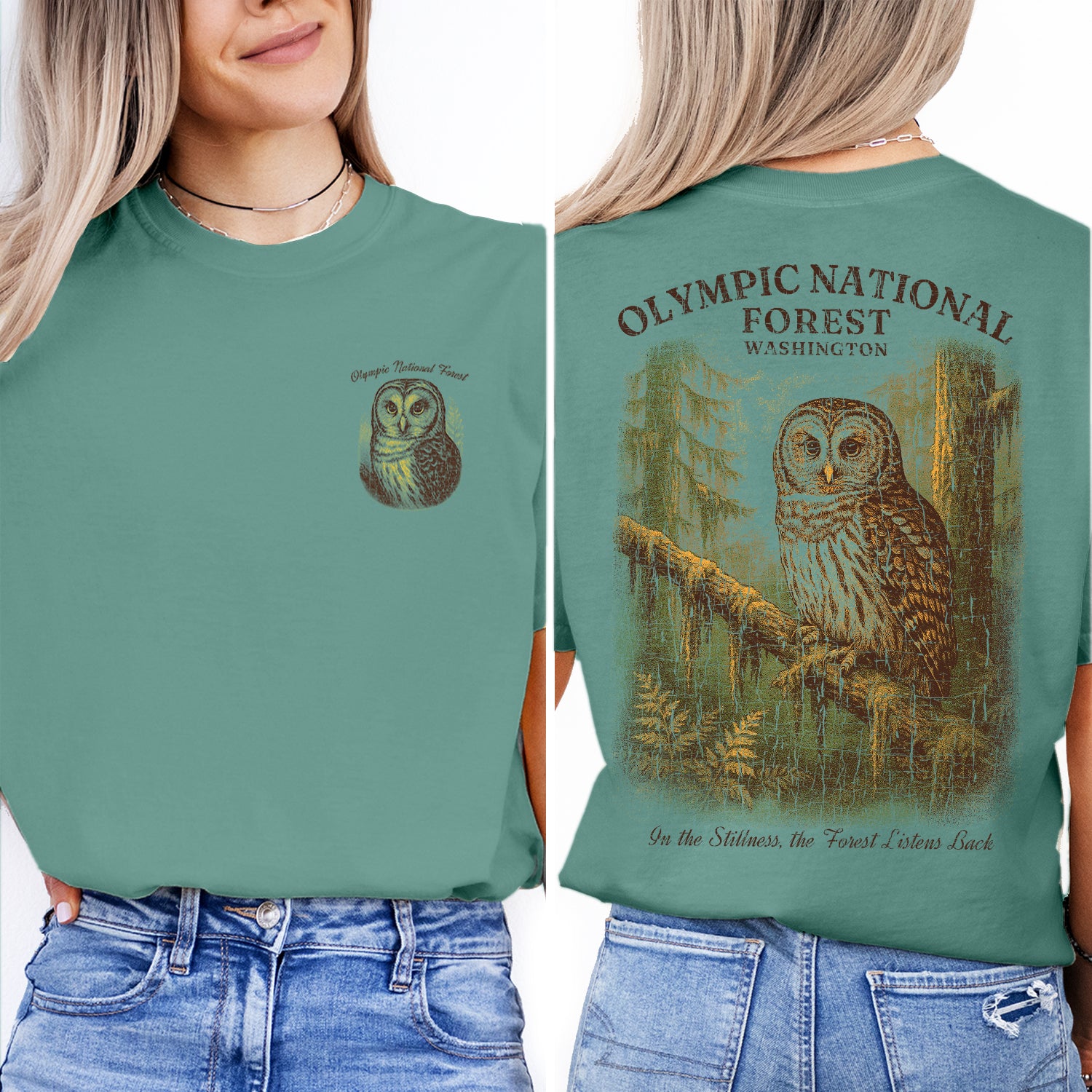 Olympic National Forest Owl T-Shirt – In the Stillness the Forest Listens Back, Nature Wildlife Souvenir Gift Tee