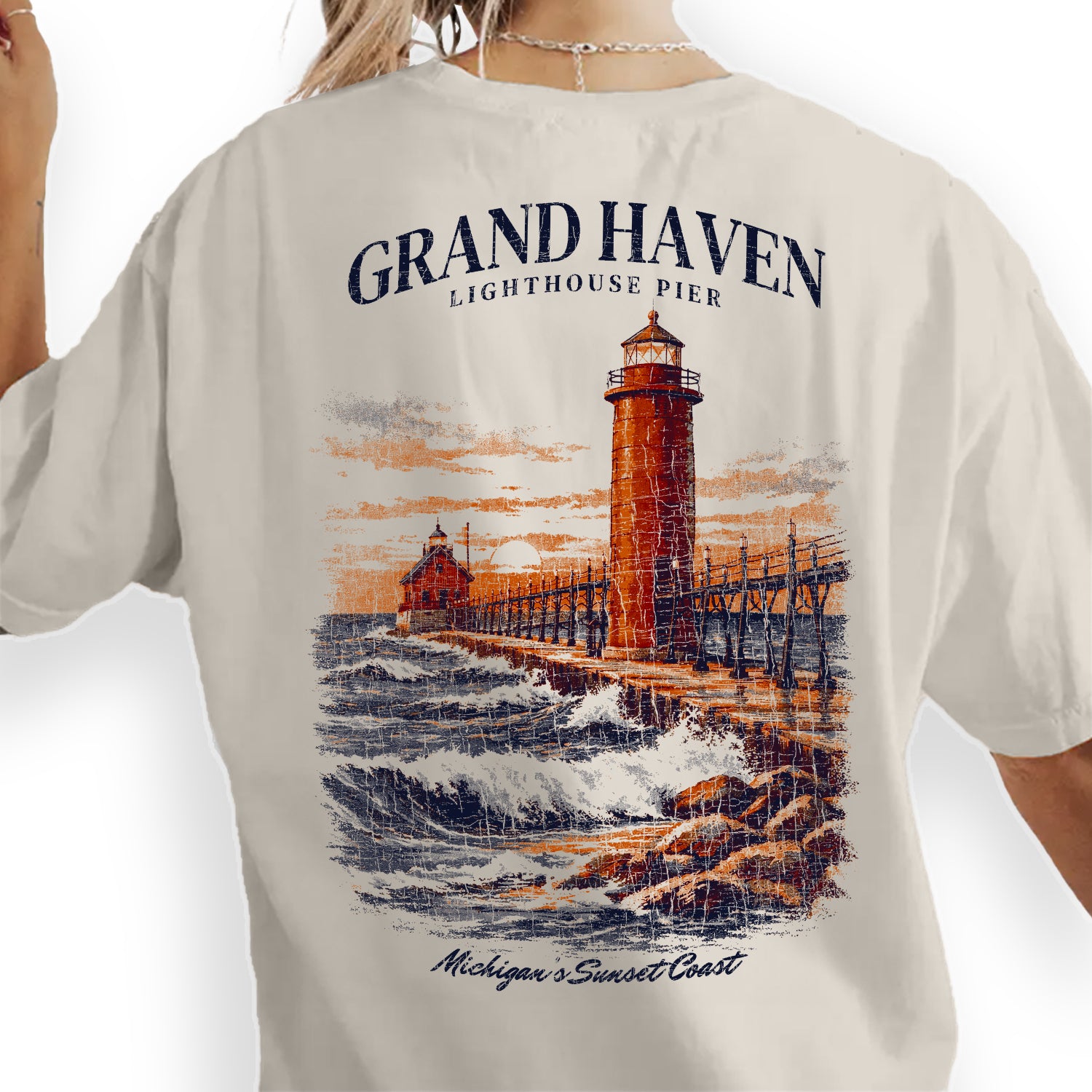 Grand Haven Lighthouse Shirt, Michigan Coast Tee, Lighthouse Pier T-Shirt, Lake Michigan Sunset Graphic Tee, Coastal Travel Gift