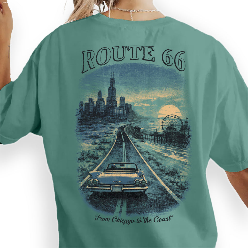 Route 66 Chicago to Coast Shirt, Vintage Road Trip Tee, Retro Americana Car Graphic T-Shirt, Classic Highway 66