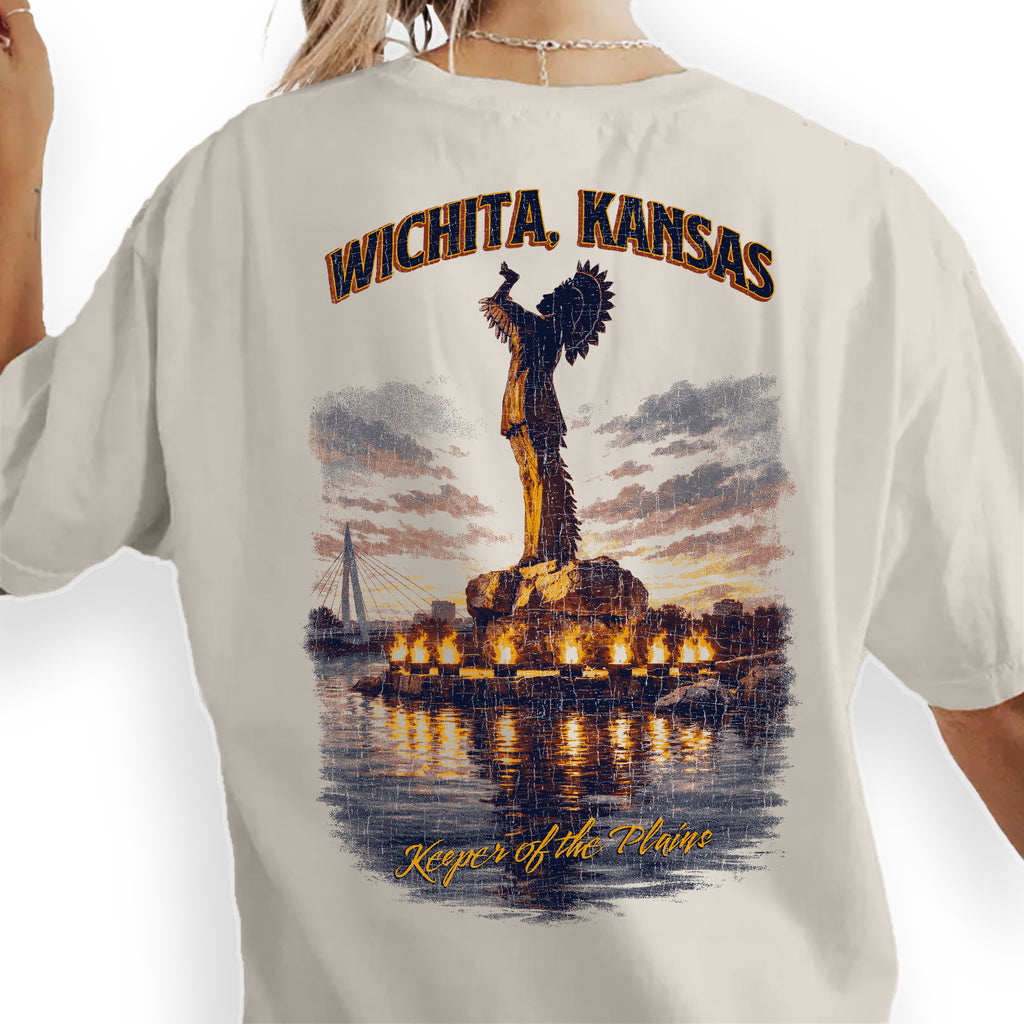 Wichita Kansas Keeper of the Plains T-Shirt, Wichita KS Travel Tee, Native American Statue Graphic Shirt, Kansas Souvenir