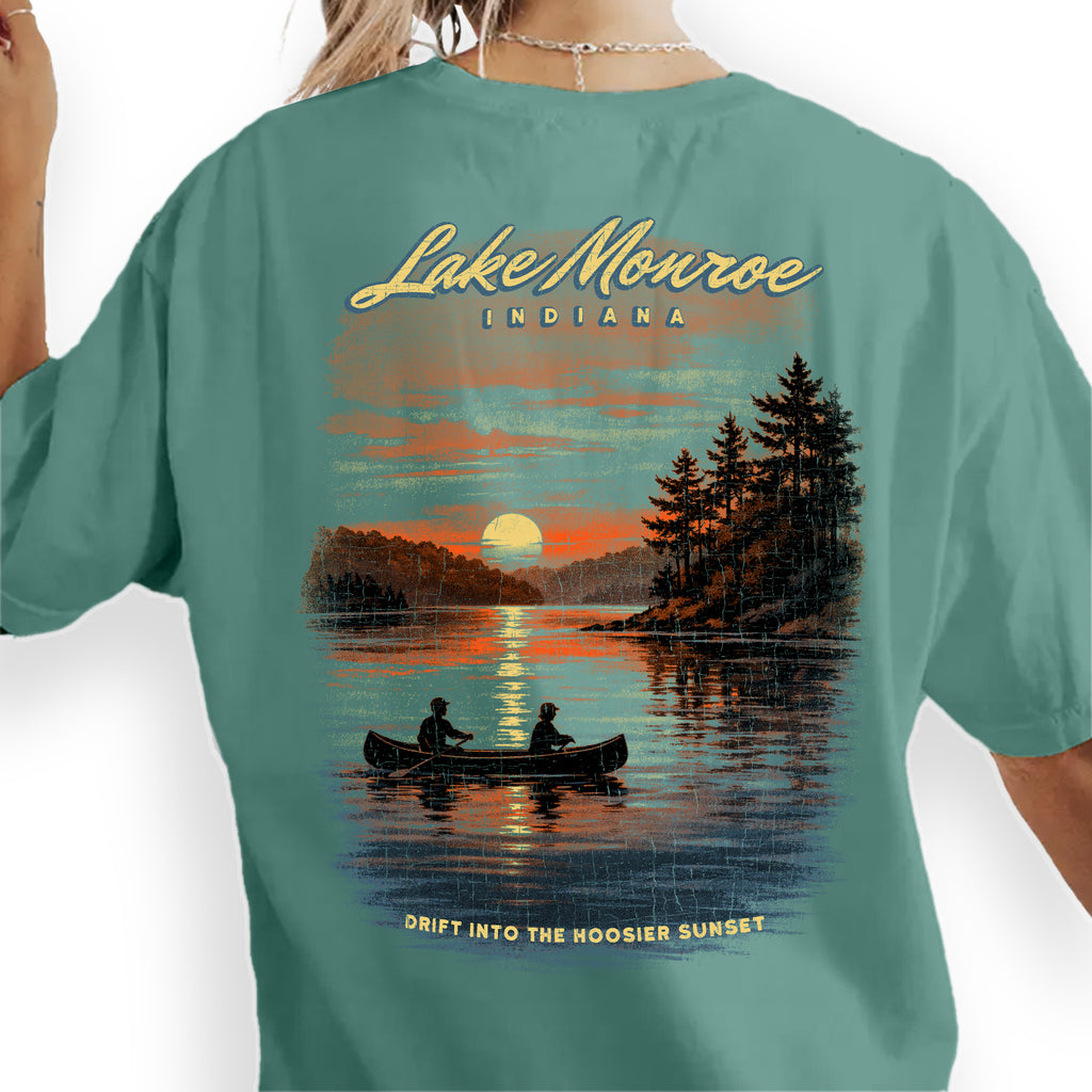 Lake Monroe Indiana Sunset T-Shirt, Canoe Lake Graphic Tee, Indiana Travel Shirt, Hoosier State Nature Shirt, Vintage Lake Souvenir
