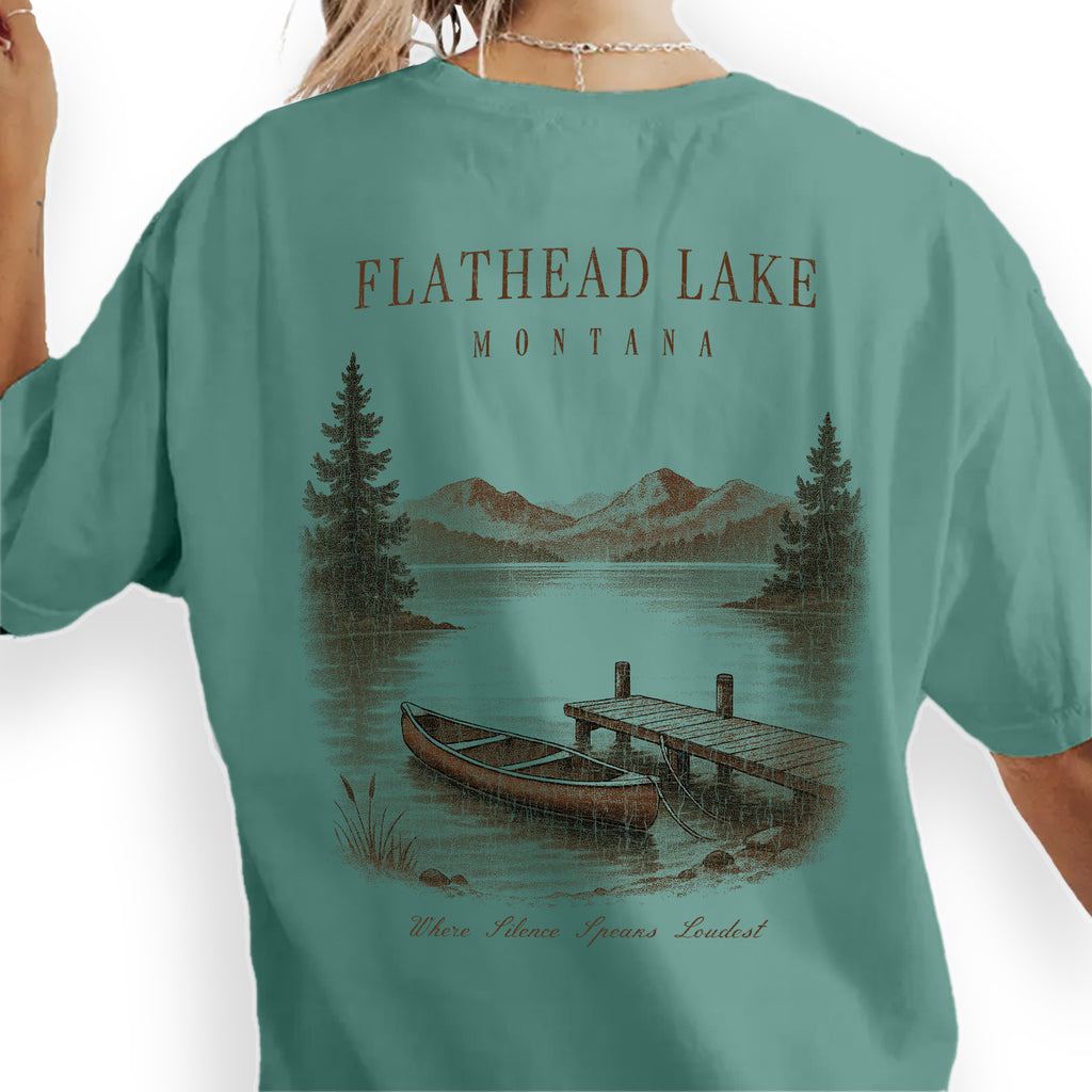 Flathead Lake Montana T-Shirt Vintage Canoe Lake Tee | Montana Travel Souvenir Shirt | Scenic Mountain Nature Graphic
