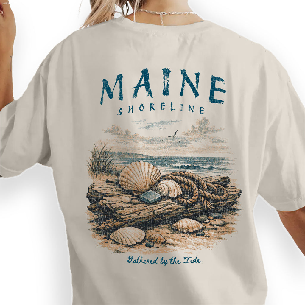 Maine Shoreline Shirt, Coastal Seashell Tee, Beach Driftwood T-Shirt, Vintage Ocean Graphic Tee, New England Coastal Gift