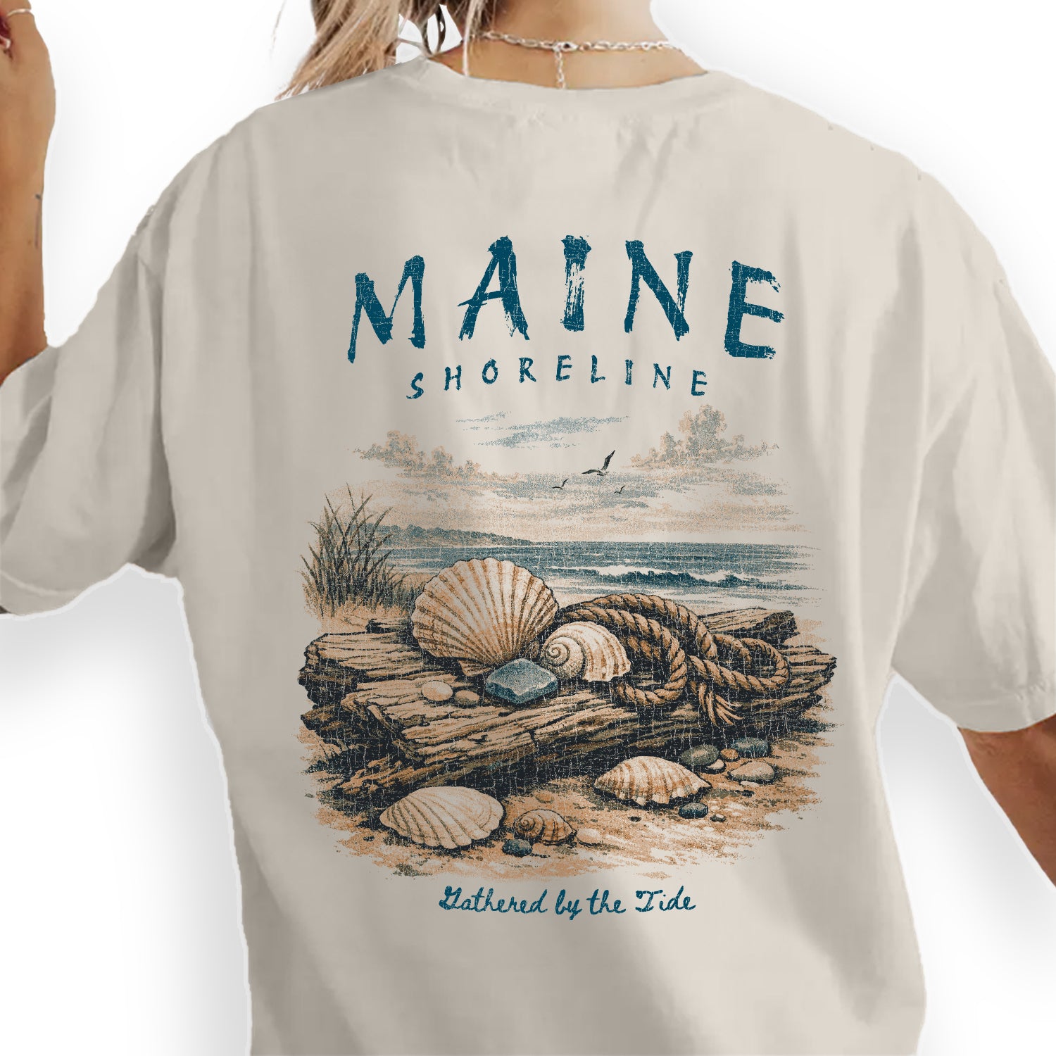 Maine Shoreline Shirt, Coastal Seashell Tee, Beach Driftwood T-Shirt, Vintage Ocean Graphic Tee, New England Coastal Gift