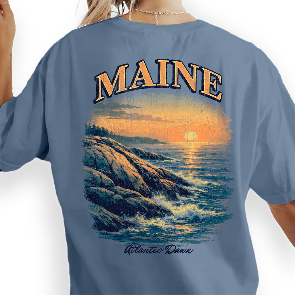 Maine Atlantic Coast Sunrise T-Shirt, Coastal Maine Travel Tee, Ocean Cliff Graphic Shirt, New England Souvenir, Vintage Beach Tee