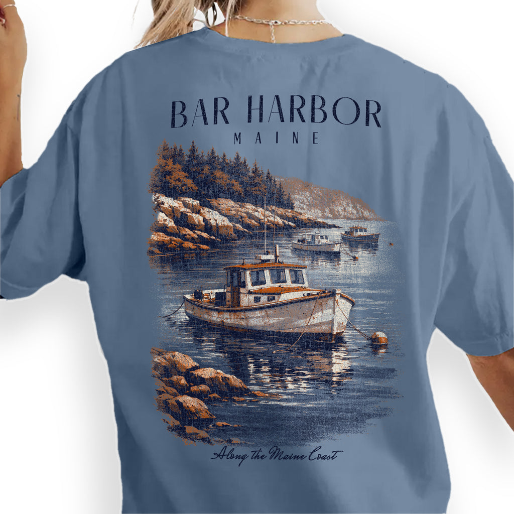 Bar Harbor Maine Shirt, Coastal Boat Tee, Vintage Harbor Graphic T-Shirt, Nautical Lobster Boat Shirt, Maine Coast Gift