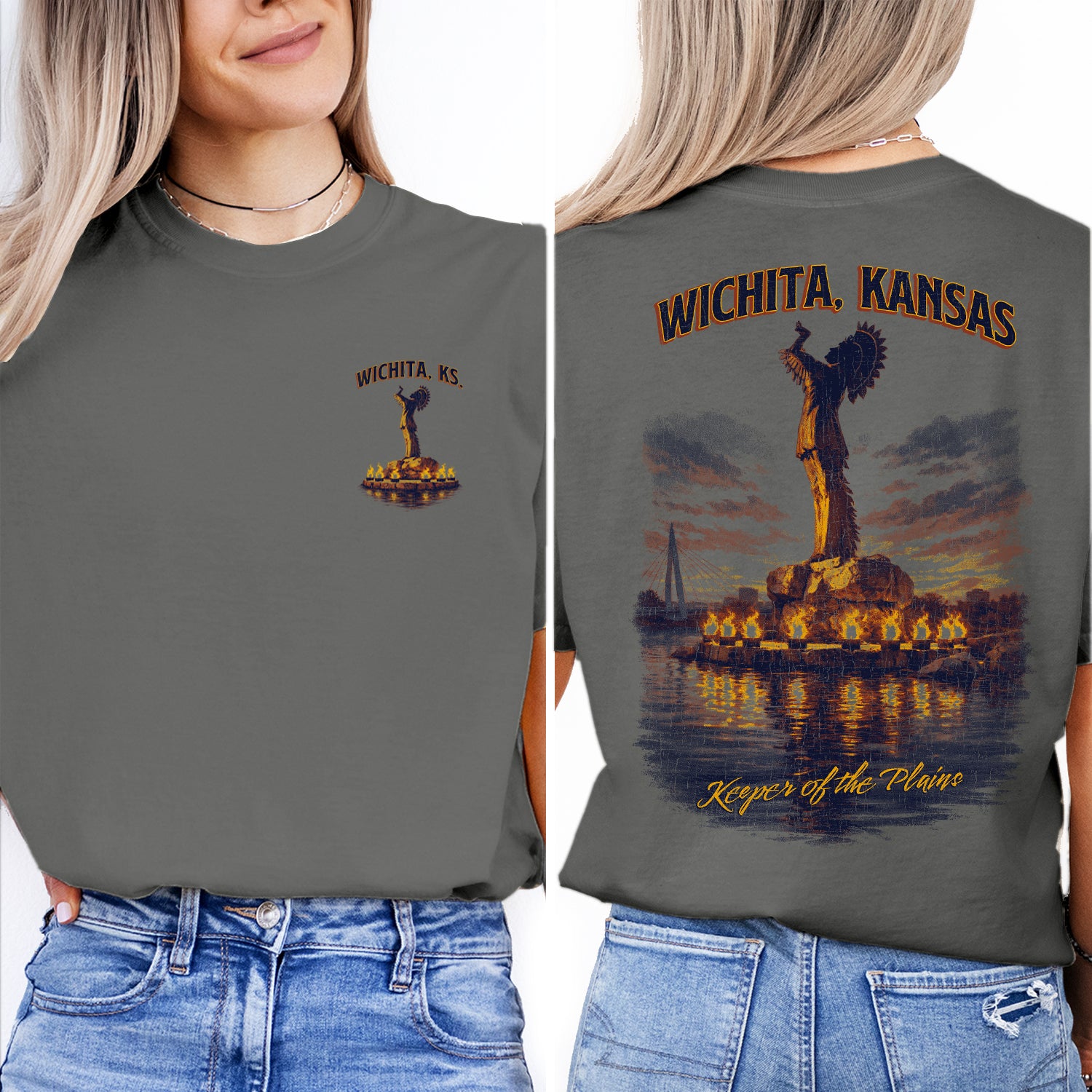 Wichita Kansas Keeper of the Plains T-Shirt, Wichita KS Travel Tee, Native American Statue Graphic Shirt, Kansas Souvenir