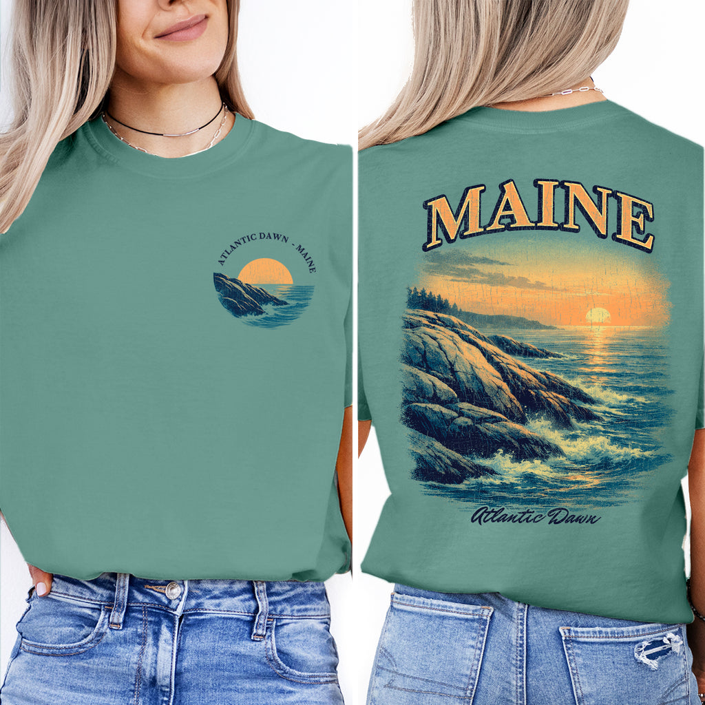 Maine Atlantic Coast Sunrise T-Shirt, Coastal Maine Travel Tee, Ocean Cliff Graphic Shirt, New England Souvenir, Vintage Beach Tee