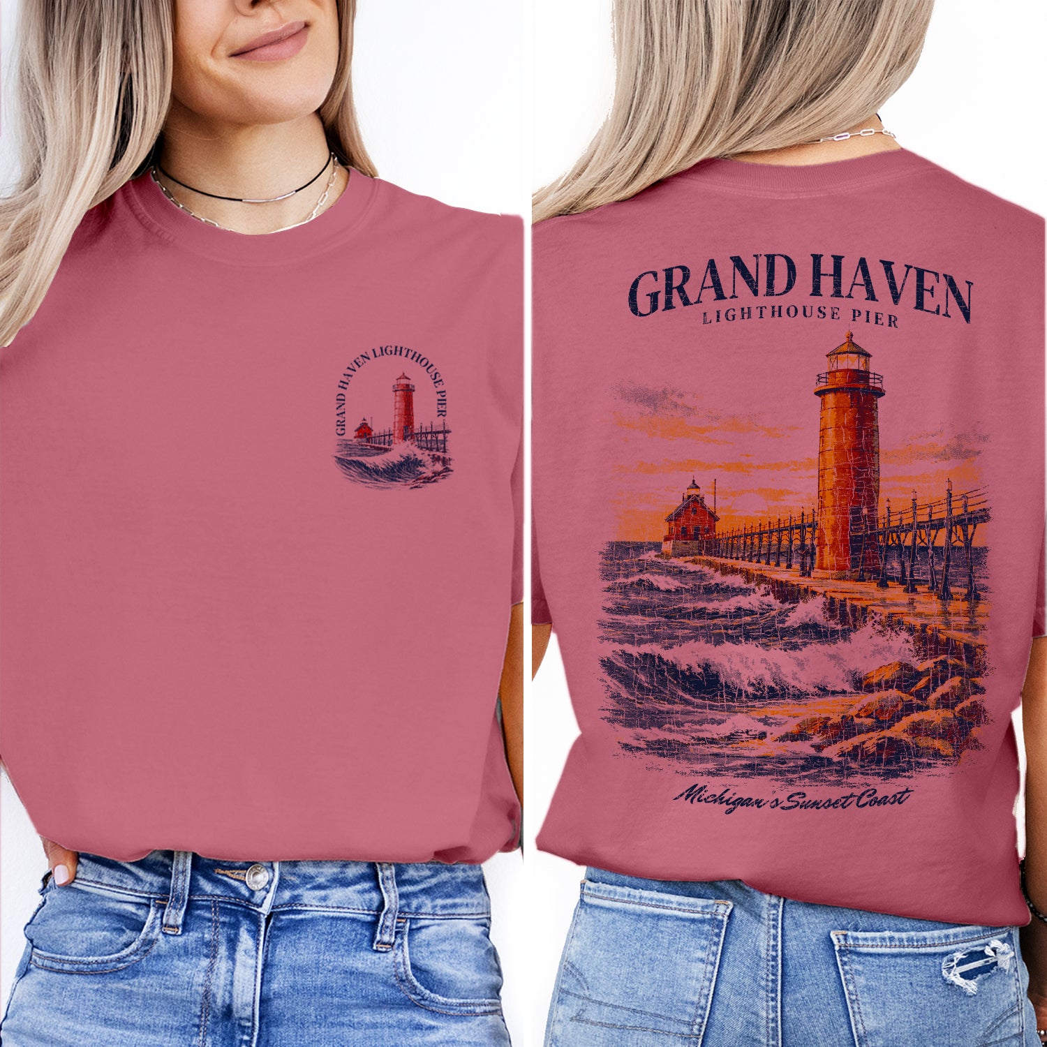 Grand Haven Lighthouse Shirt, Michigan Coast Tee, Lighthouse Pier T-Shirt, Lake Michigan Sunset Graphic Tee, Coastal Travel Gift
