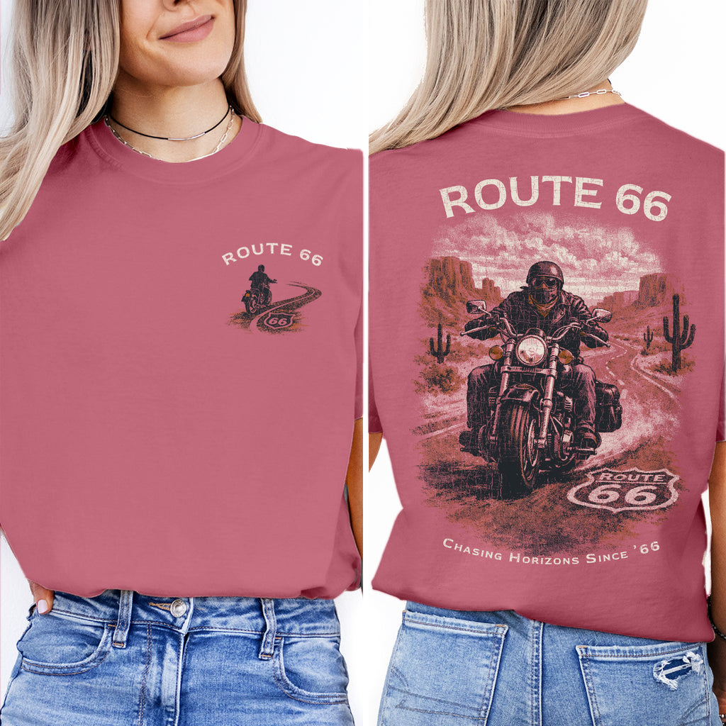 Route 66 Motorcycle T-Shirt, Vintage Biker Road Trip Tee, Retro Desert Highway Shirt, Route 66 Graphic Tee, Rider Gift