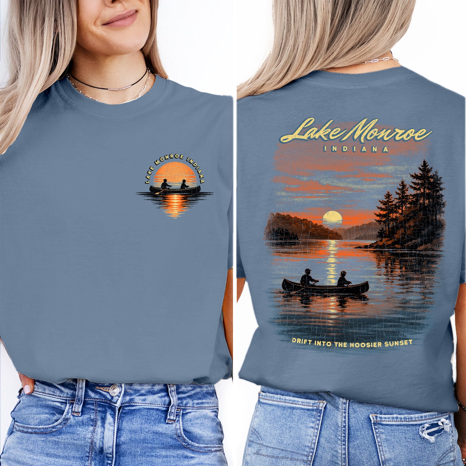 Lake Monroe Indiana Sunset T-Shirt, Canoe Lake Graphic Tee, Indiana Travel Shirt, Hoosier State Nature Shirt, Vintage Lake Souvenir