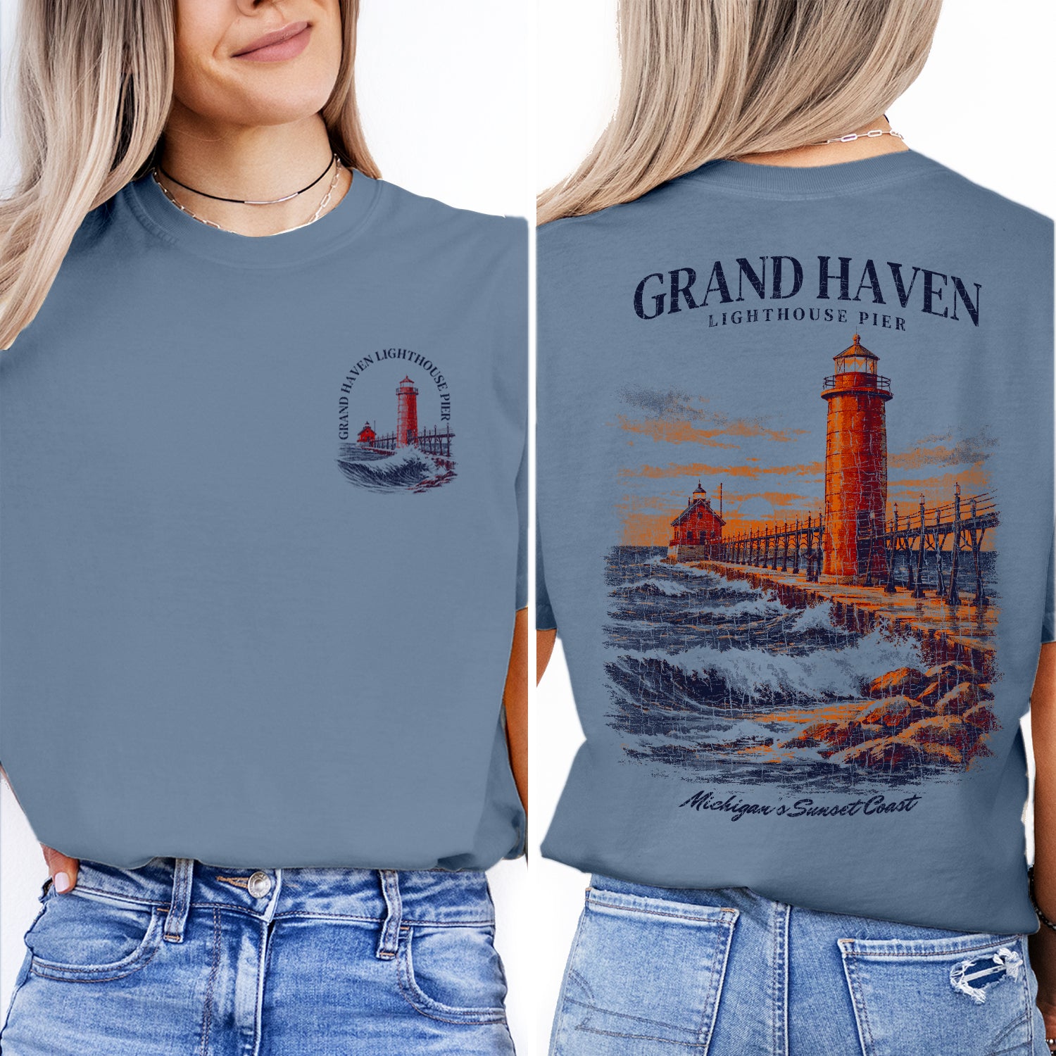 Grand Haven Lighthouse Shirt, Michigan Coast Tee, Lighthouse Pier T-Shirt, Lake Michigan Sunset Graphic Tee, Coastal Travel Gift