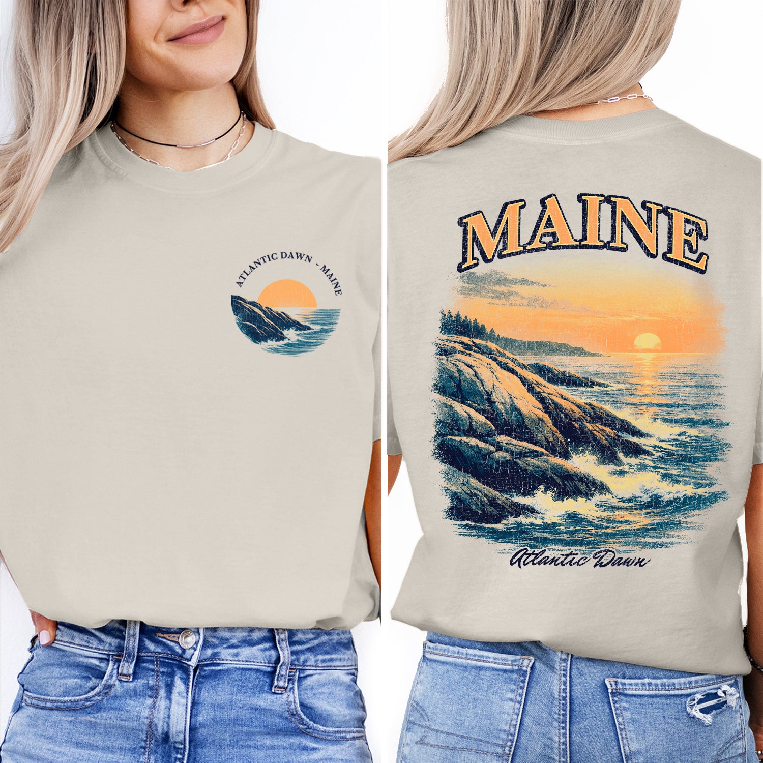 Maine Atlantic Coast Sunrise T-Shirt, Coastal Maine Travel Tee, Ocean Cliff Graphic Shirt, New England Souvenir, Vintage Beach Tee