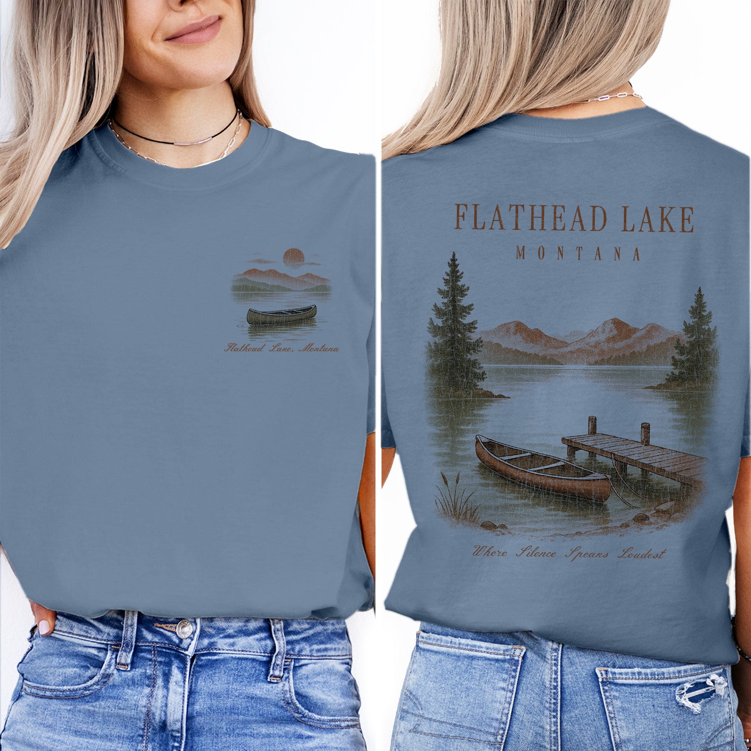 Flathead Lake Montana T-Shirt Vintage Canoe Lake Tee | Montana Travel Souvenir Shirt | Scenic Mountain Nature Graphic