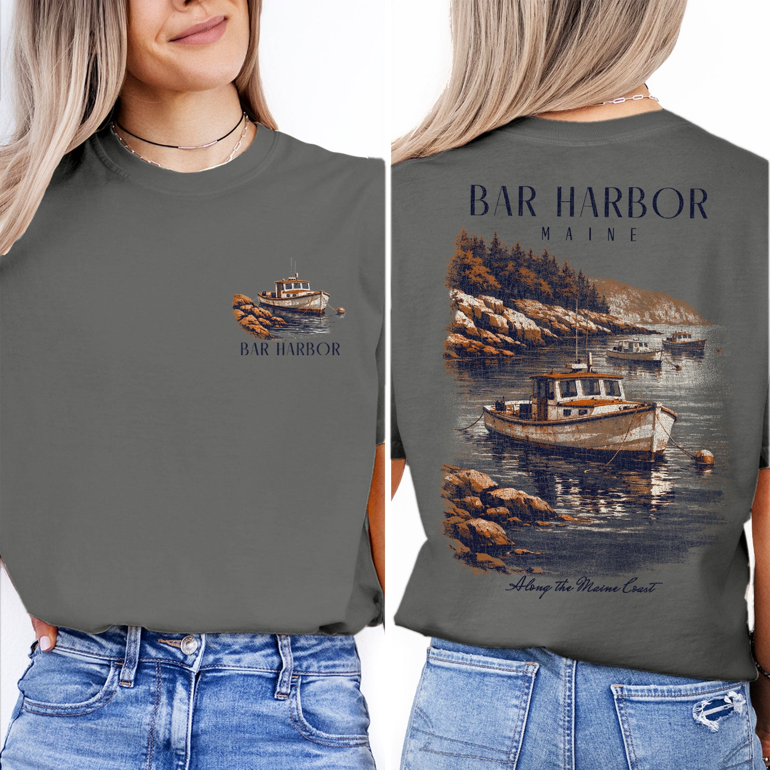 Bar Harbor Maine Shirt, Coastal Boat Tee, Vintage Harbor Graphic T-Shirt, Nautical Lobster Boat Shirt, Maine Coast Gift