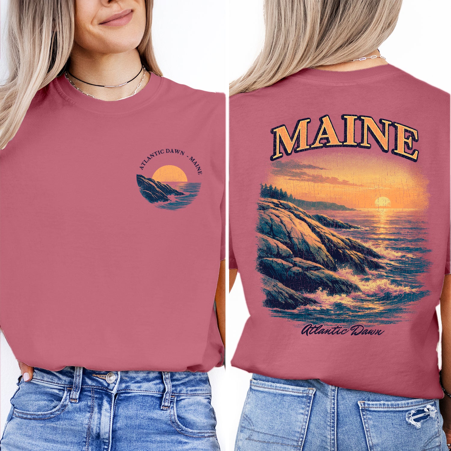 Maine Atlantic Coast Sunrise T-Shirt, Coastal Maine Travel Tee, Ocean Cliff Graphic Shirt, New England Souvenir, Vintage Beach Tee