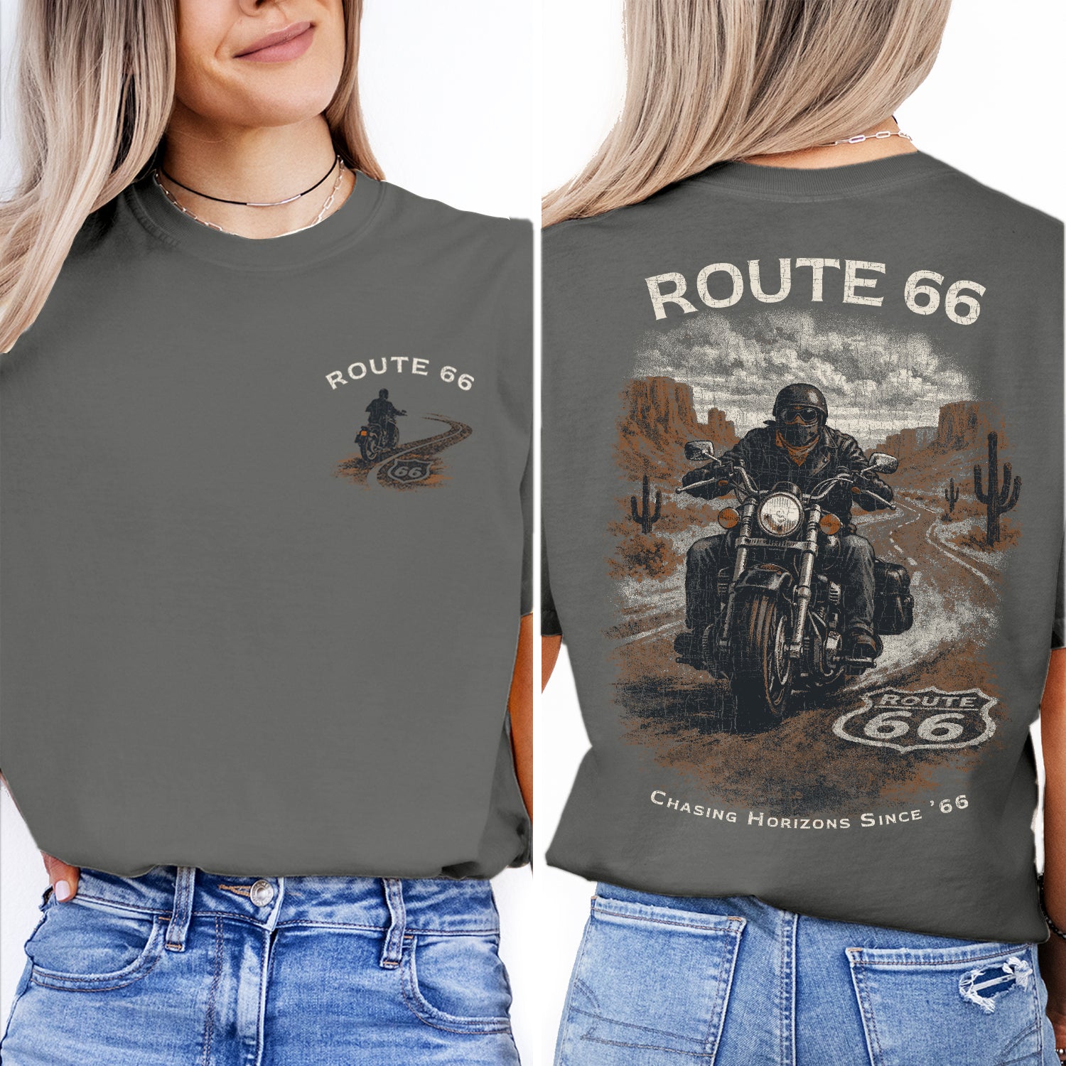 Route 66 Motorcycle T-Shirt, Vintage Biker Road Trip Tee, Retro Desert Highway Shirt, Route 66 Graphic Tee, Rider Gift