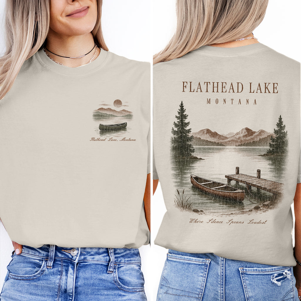 Flathead Lake Montana T-Shirt Vintage Canoe Lake Tee | Montana Travel Souvenir Shirt | Scenic Mountain Nature Graphic