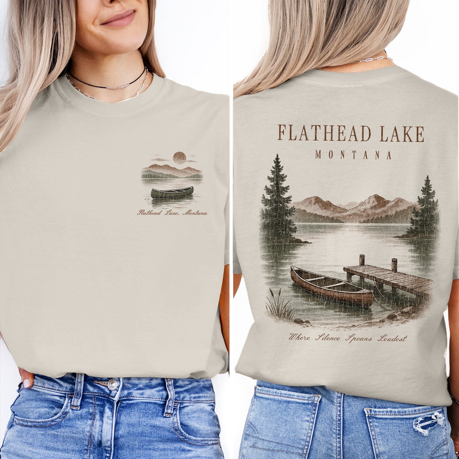 Flathead Lake Montana T-Shirt Vintage Canoe Lake Tee | Montana Travel Souvenir Shirt | Scenic Mountain Nature Graphic