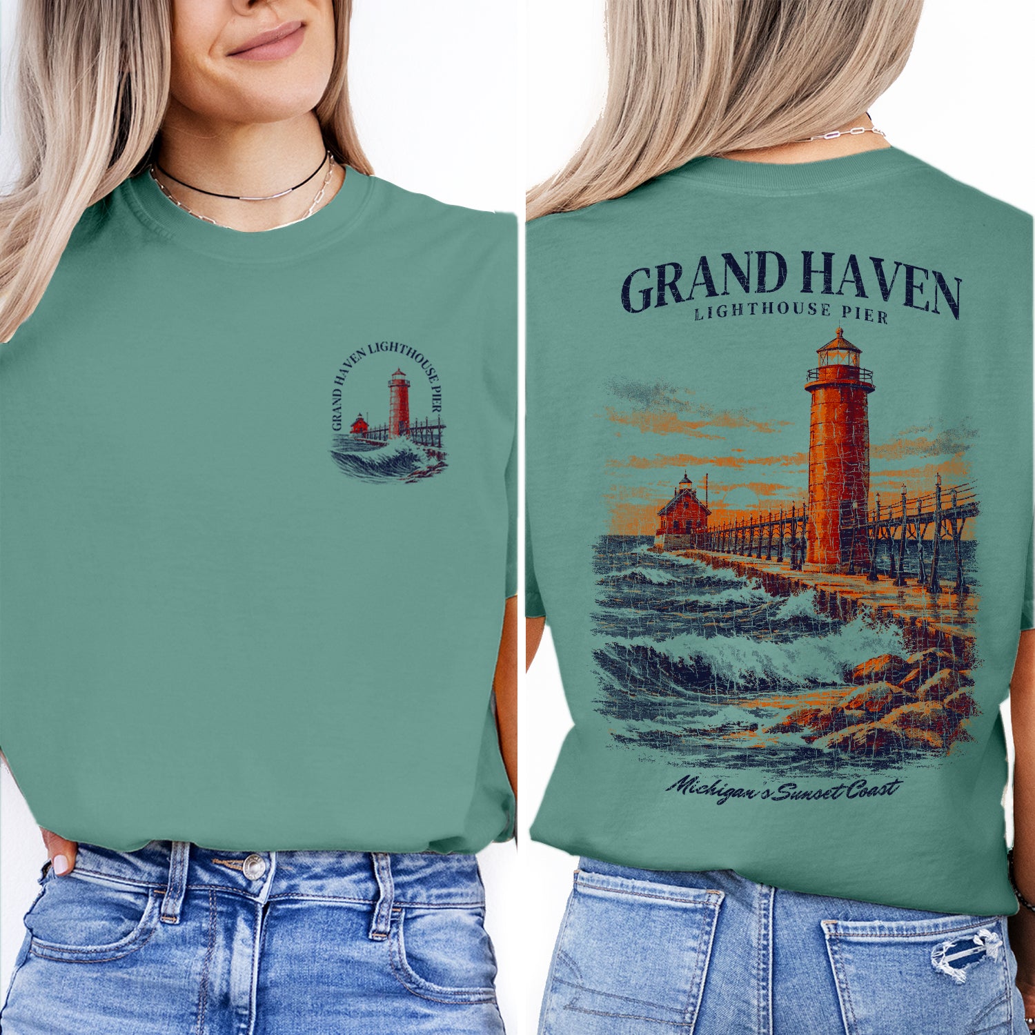 Grand Haven Lighthouse Shirt, Michigan Coast Tee, Lighthouse Pier T-Shirt, Lake Michigan Sunset Graphic Tee, Coastal Travel Gift