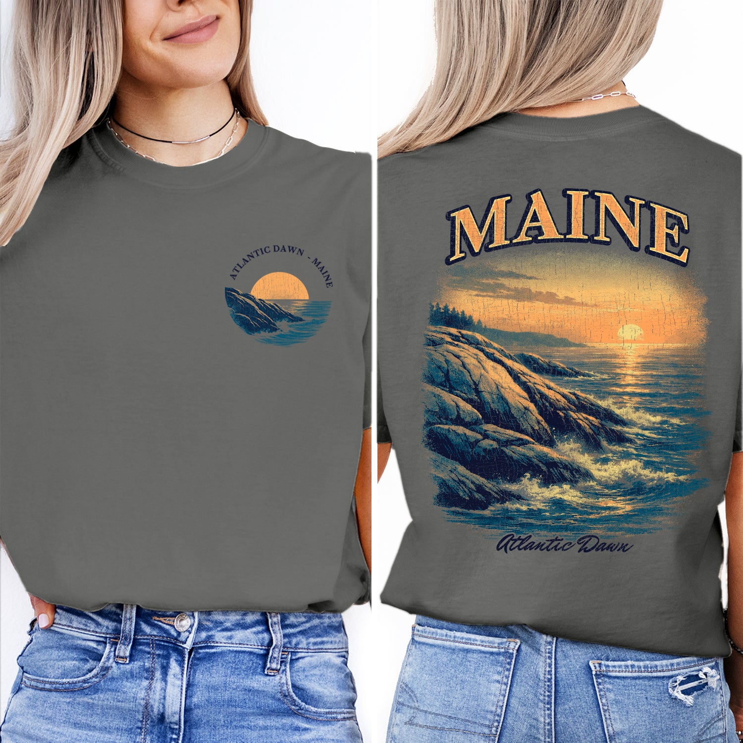 Maine Atlantic Coast Sunrise T-Shirt, Coastal Maine Travel Tee, Ocean Cliff Graphic Shirt, New England Souvenir, Vintage Beach Tee