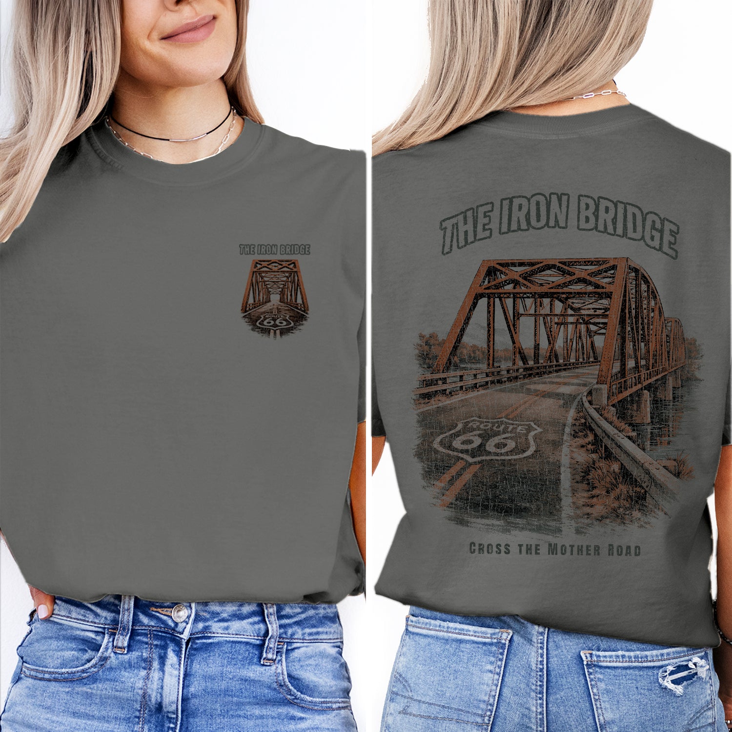 Route 66 Iron Bridge T-Shirt, Vintage Highway Bridge Tee, Mother Road Travel Shirt, Classic Road Trip Graphic Tee
