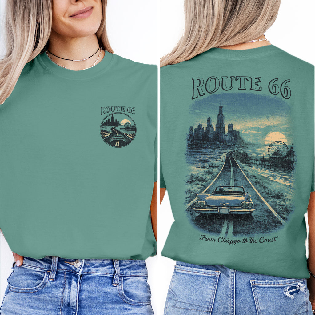 Route 66 Chicago to Coast Shirt, Vintage Road Trip Tee, Retro Americana Car Graphic T-Shirt, Classic Highway 66