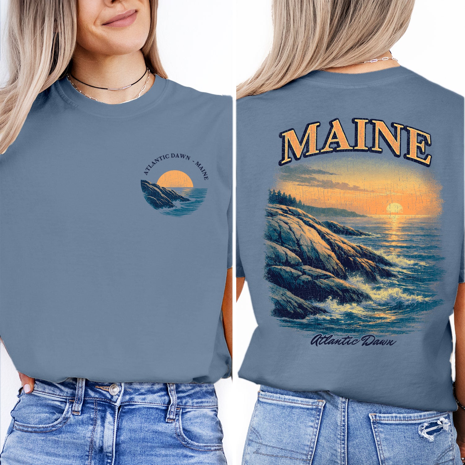 Maine Atlantic Coast Sunrise T-Shirt, Coastal Maine Travel Tee, Ocean Cliff Graphic Shirt, New England Souvenir, Vintage Beach Tee
