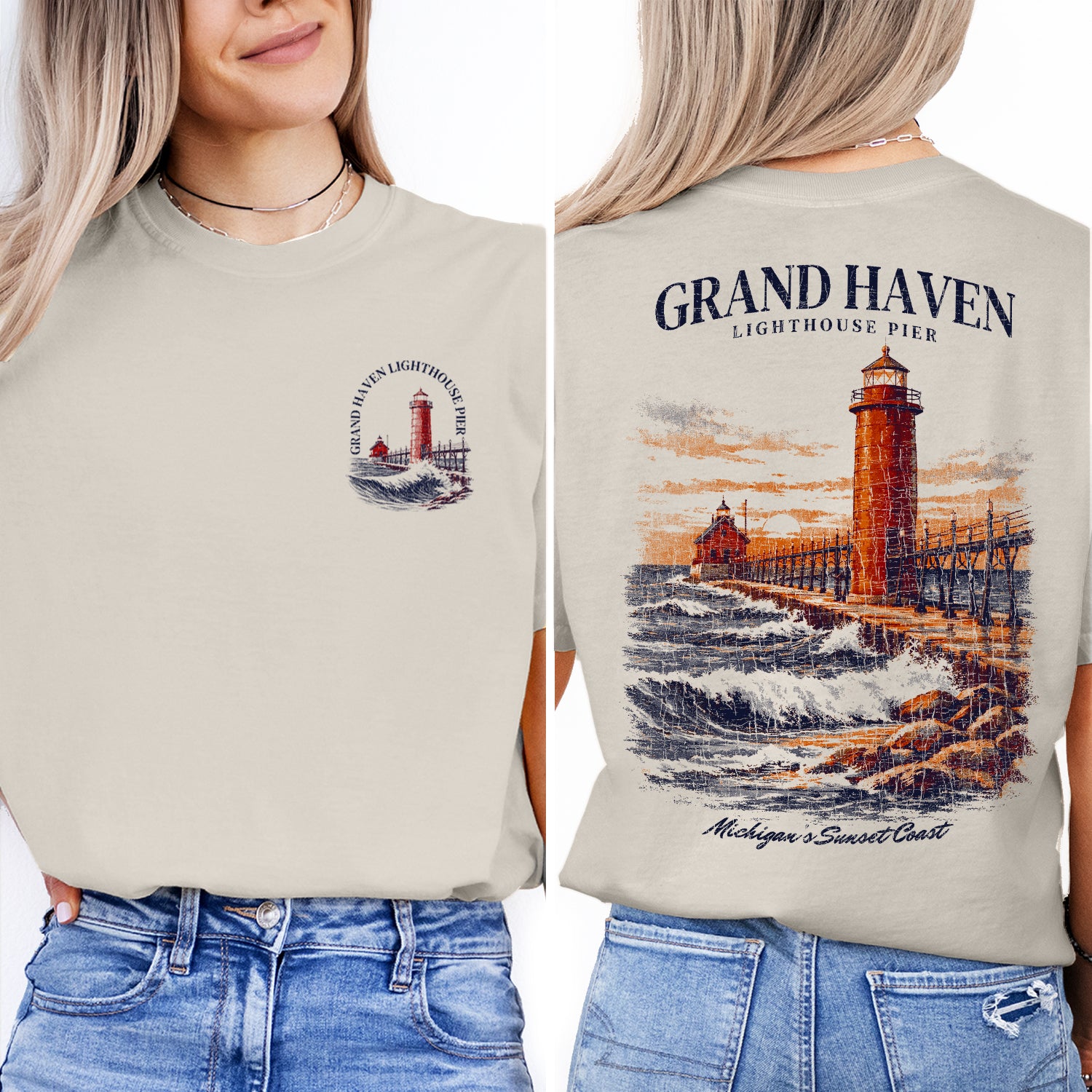 Grand Haven Lighthouse Shirt, Michigan Coast Tee, Lighthouse Pier T-Shirt, Lake Michigan Sunset Graphic Tee, Coastal Travel Gift