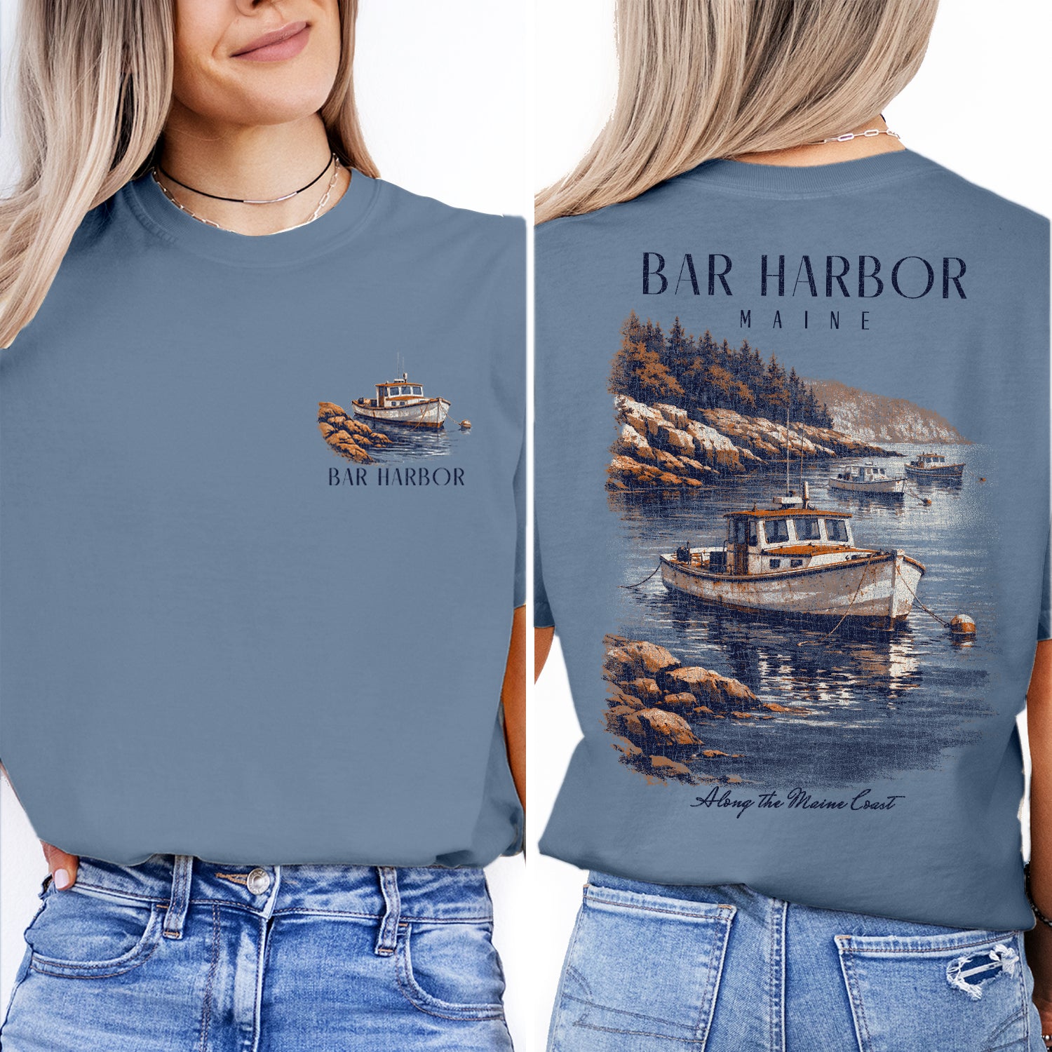 Bar Harbor Maine Shirt, Coastal Boat Tee, Vintage Harbor Graphic T-Shirt, Nautical Lobster Boat Shirt, Maine Coast Gift