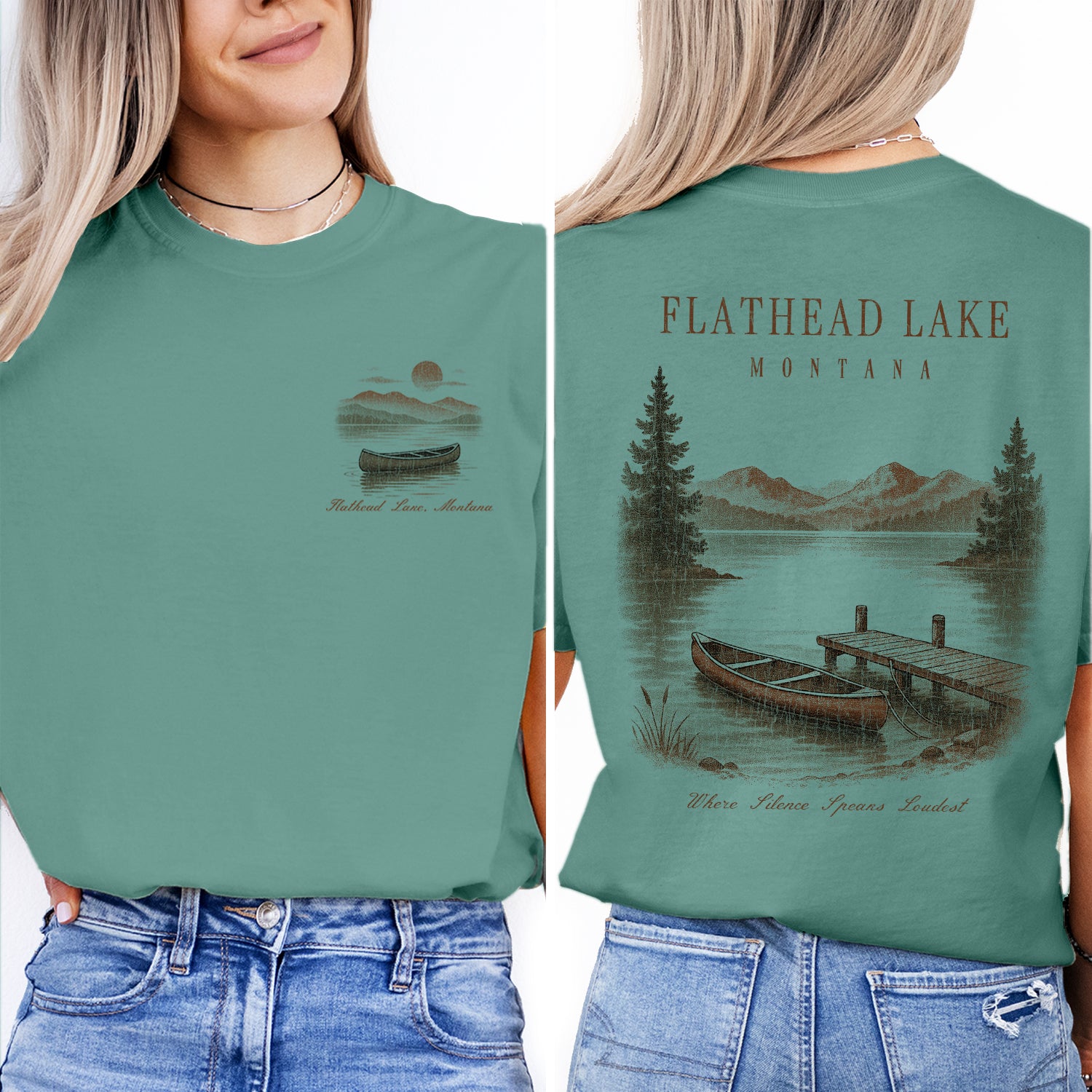 Flathead Lake Montana T-Shirt Vintage Canoe Lake Tee | Montana Travel Souvenir Shirt | Scenic Mountain Nature Graphic