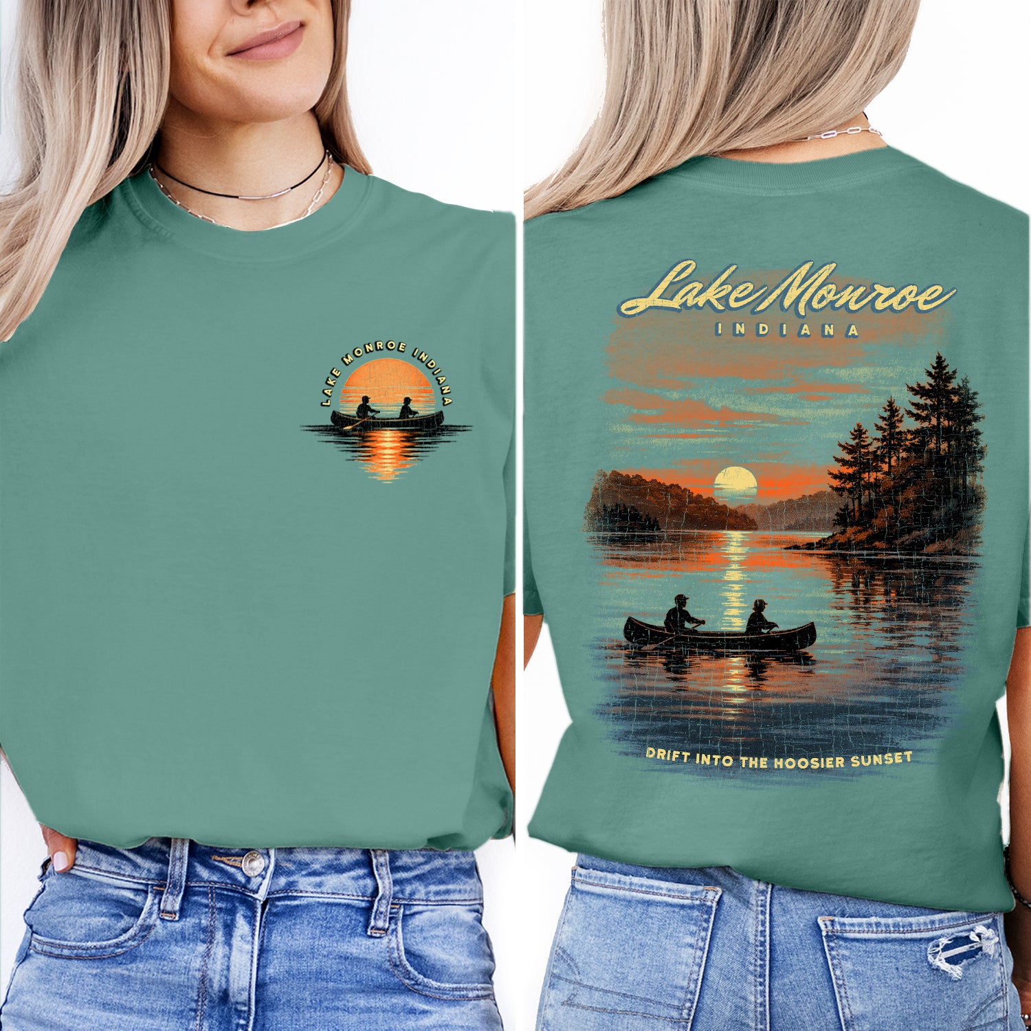 Lake Monroe Indiana Sunset T-Shirt, Canoe Lake Graphic Tee, Indiana Travel Shirt, Hoosier State Nature Shirt, Vintage Lake Souvenir