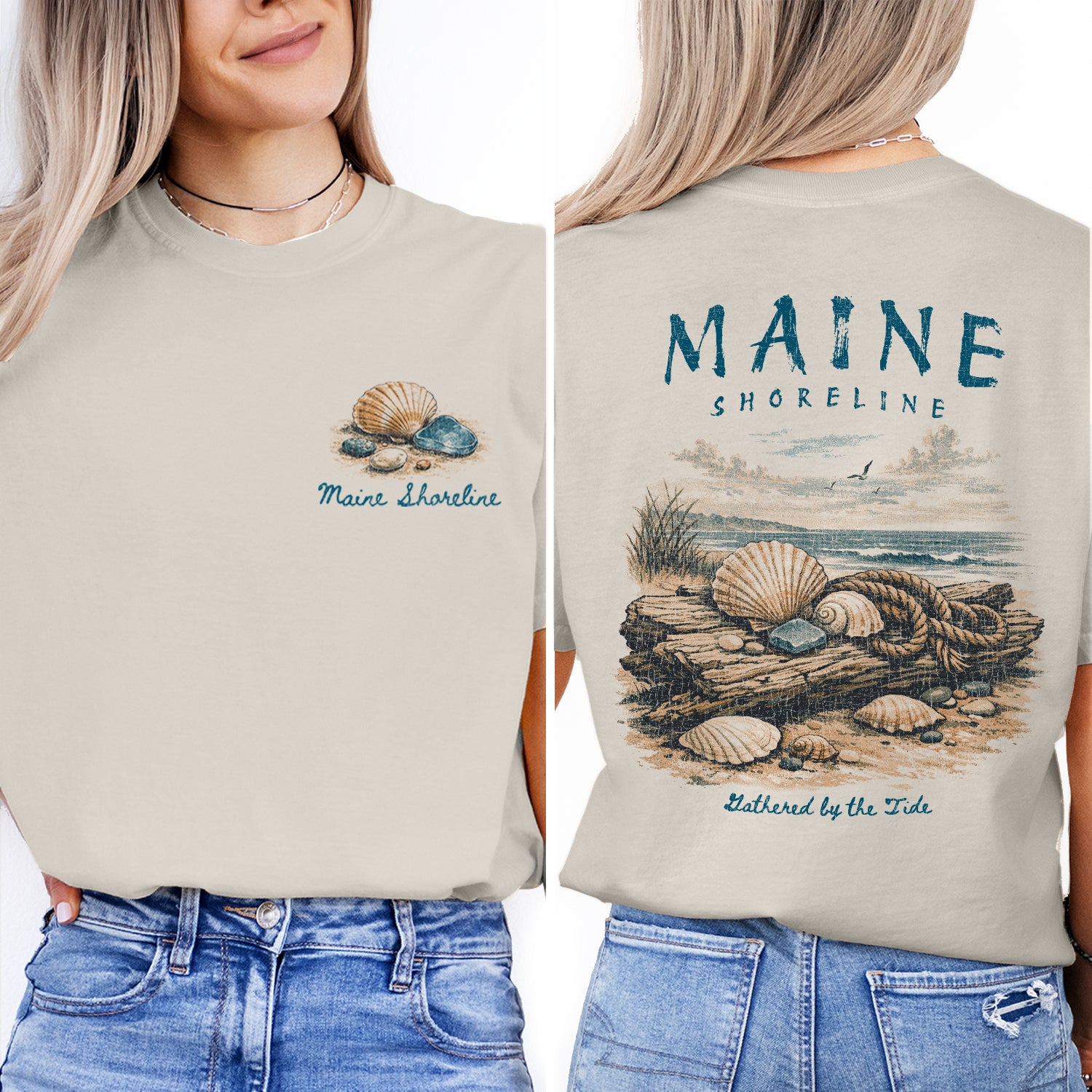 Maine Shoreline Shirt, Coastal Seashell Tee, Beach Driftwood T-Shirt, Vintage Ocean Graphic Tee, New England Coastal Gift
