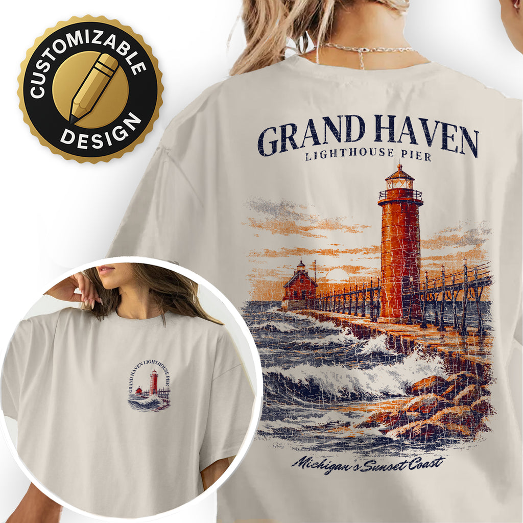 Grand Haven Lighthouse Shirt, Michigan Coast Tee, Lighthouse Pier T-Shirt, Lake Michigan Sunset Graphic Tee, Coastal Travel Gift