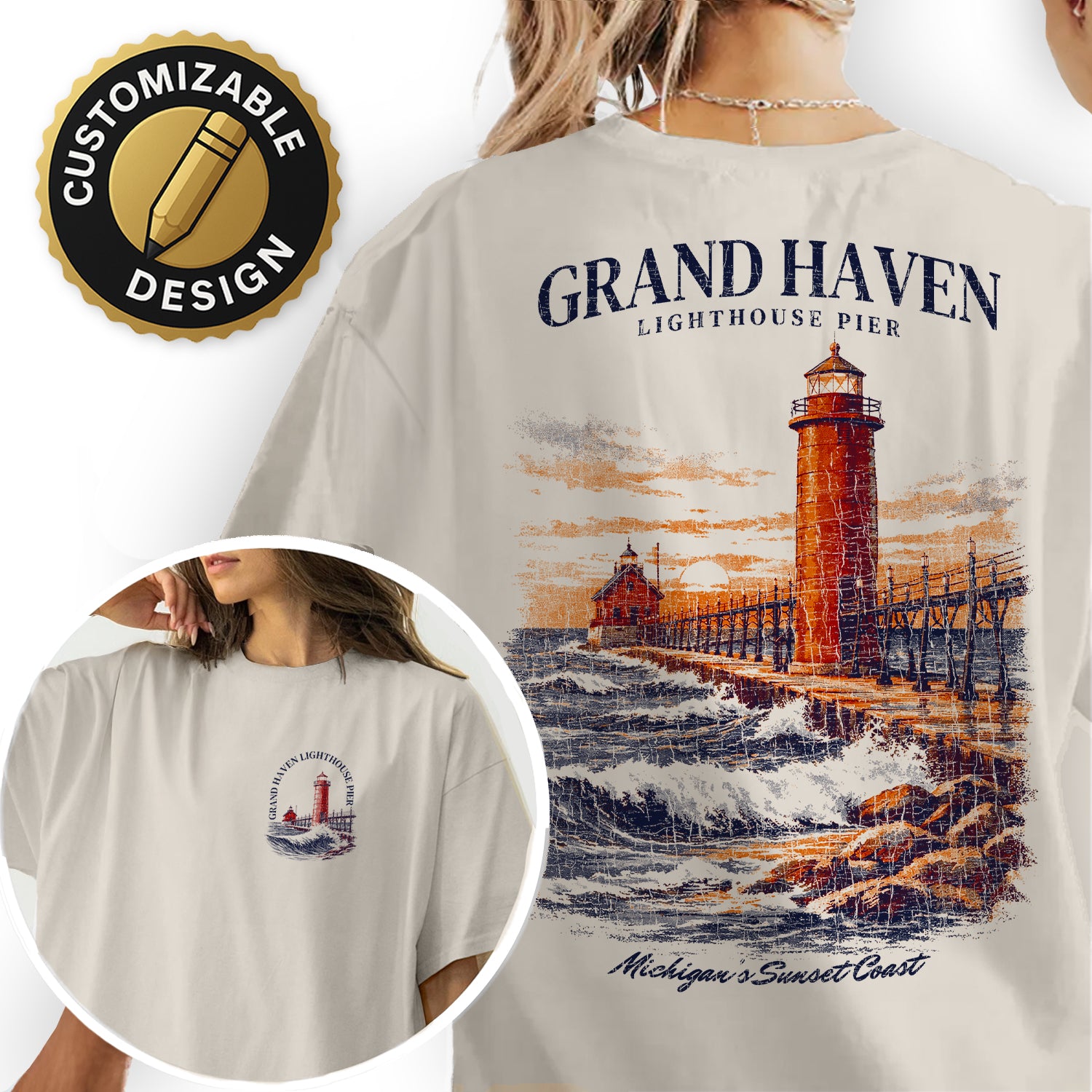 Grand Haven Lighthouse Shirt, Michigan Coast Tee, Lighthouse Pier T-Shirt, Lake Michigan Sunset Graphic Tee, Coastal Travel Gift