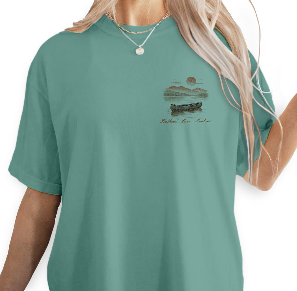 Flathead Lake Montana T-Shirt Vintage Canoe Lake Tee | Montana Travel Souvenir Shirt | Scenic Mountain Nature Graphic