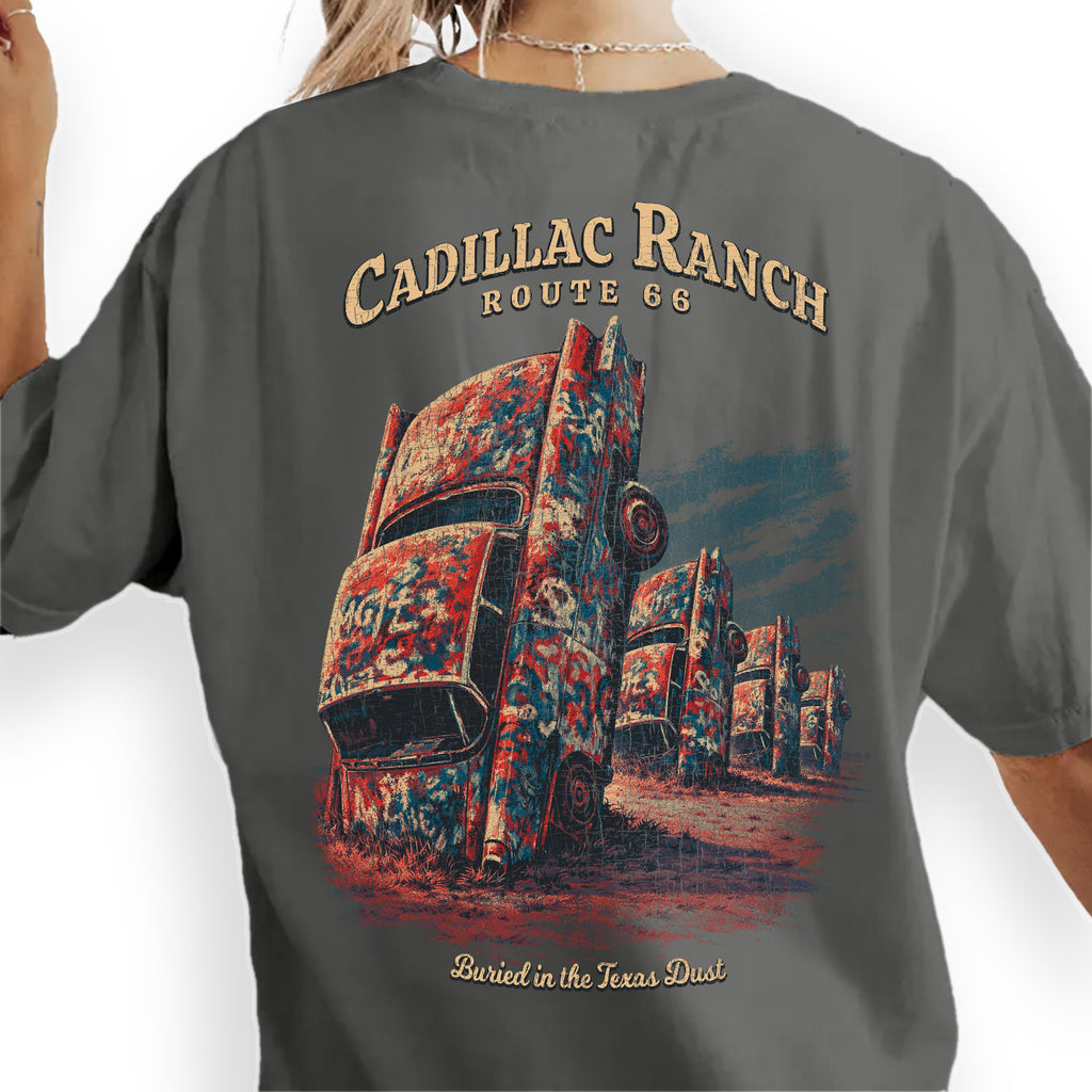 Cadillac Ranch Route 66 T-Shirt, Texas Road Trip Tee, Vintage Car Art Graphic Shirt, Amarillo Texas Travel Souvenir