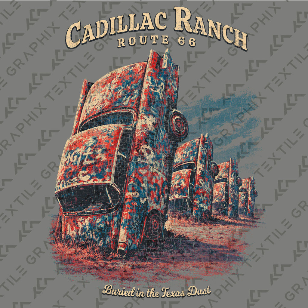 Cadillac Ranch Route 66 T-Shirt, Texas Road Trip Tee, Vintage Car Art Graphic Shirt, Amarillo Texas Travel Souvenir