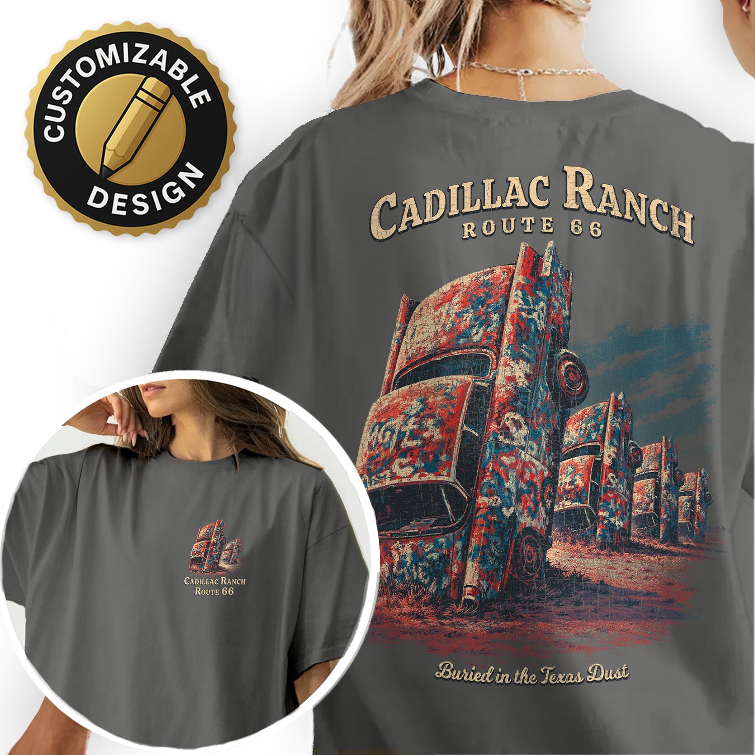 Cadillac Ranch Route 66 T-Shirt, Texas Road Trip Tee, Vintage Car Art Graphic Shirt, Amarillo Texas Travel Souvenir