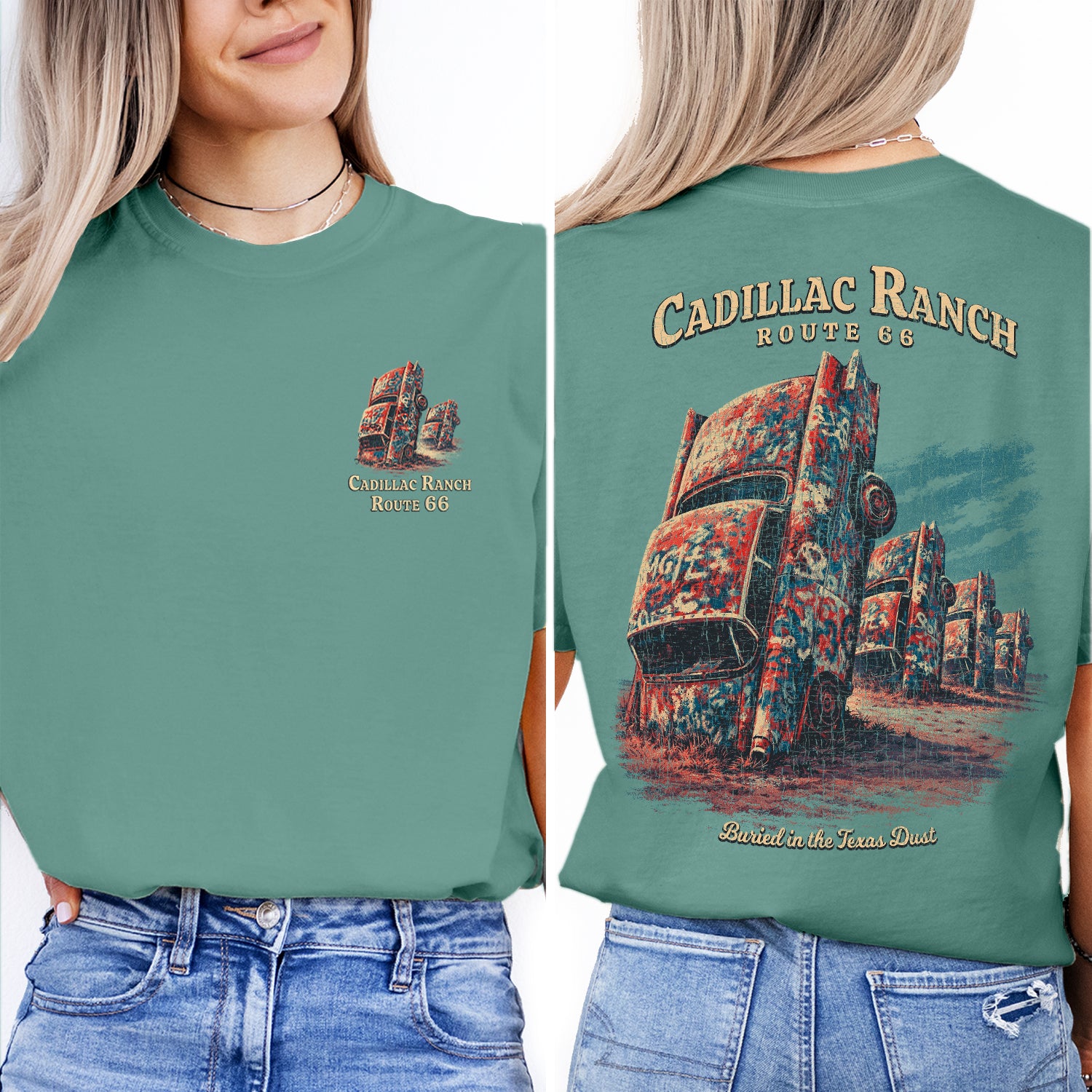 Cadillac Ranch Route 66 T-Shirt, Texas Road Trip Tee, Vintage Car Art Graphic Shirt, Amarillo Texas Travel Souvenir