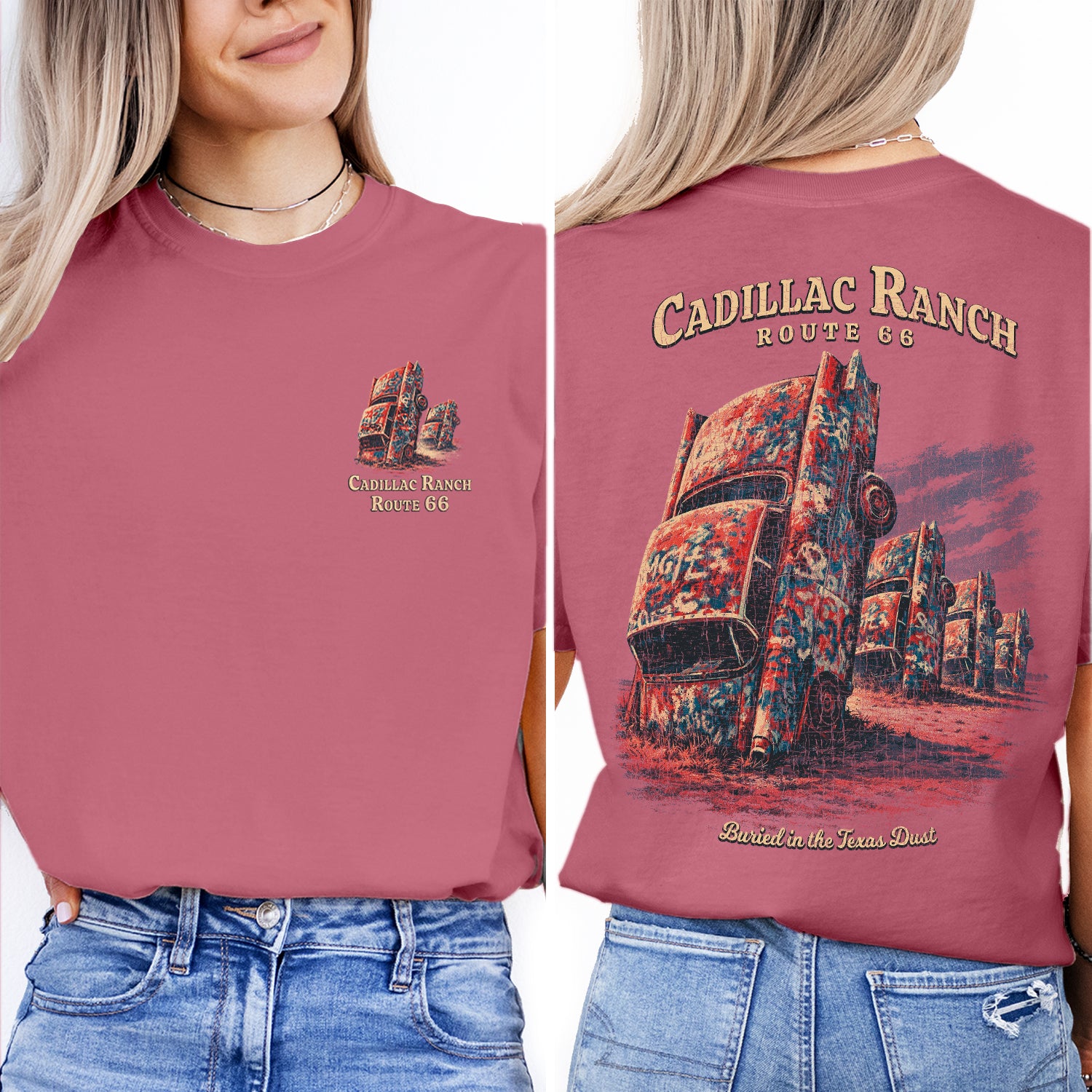 Cadillac Ranch Route 66 T-Shirt, Texas Road Trip Tee, Vintage Car Art Graphic Shirt, Amarillo Texas Travel Souvenir
