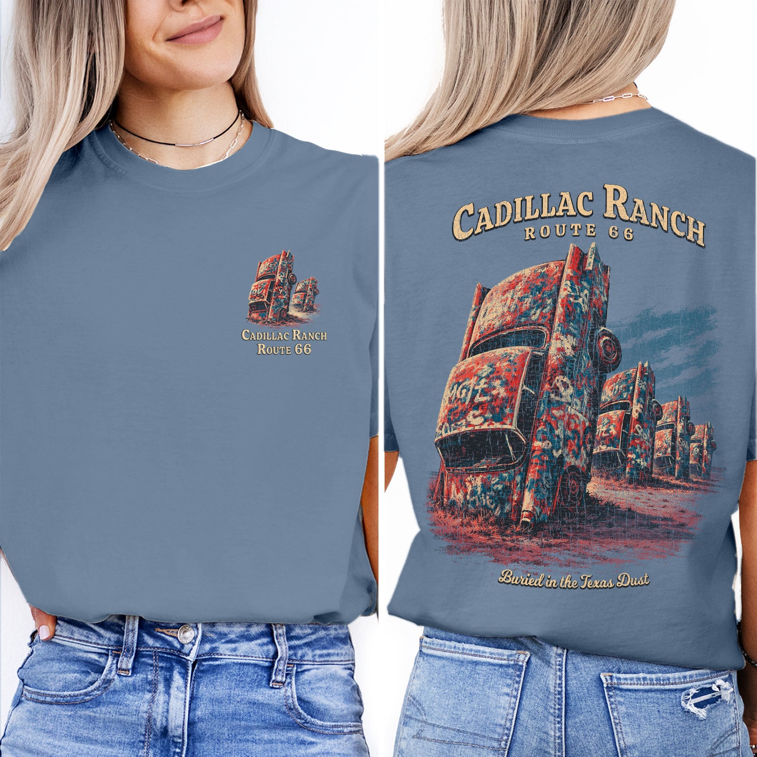 Cadillac Ranch Route 66 T-Shirt, Texas Road Trip Tee, Vintage Car Art Graphic Shirt, Amarillo Texas Travel Souvenir