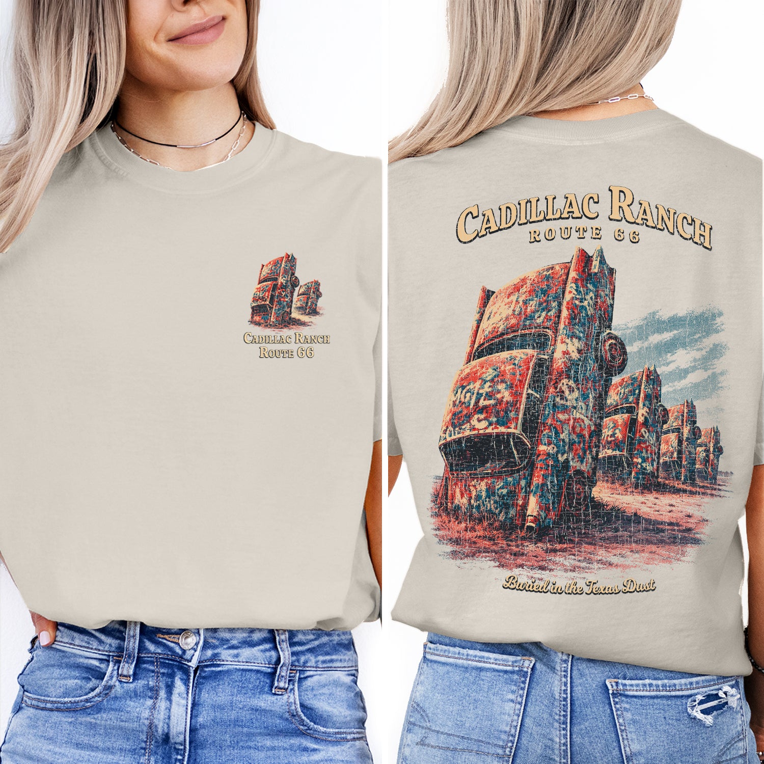 Cadillac Ranch Route 66 T-Shirt, Texas Road Trip Tee, Vintage Car Art Graphic Shirt, Amarillo Texas Travel Souvenir