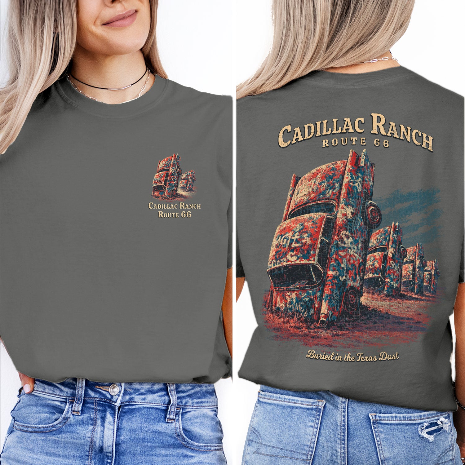 Cadillac Ranch Route 66 T-Shirt, Texas Road Trip Tee, Vintage Car Art Graphic Shirt, Amarillo Texas Travel Souvenir