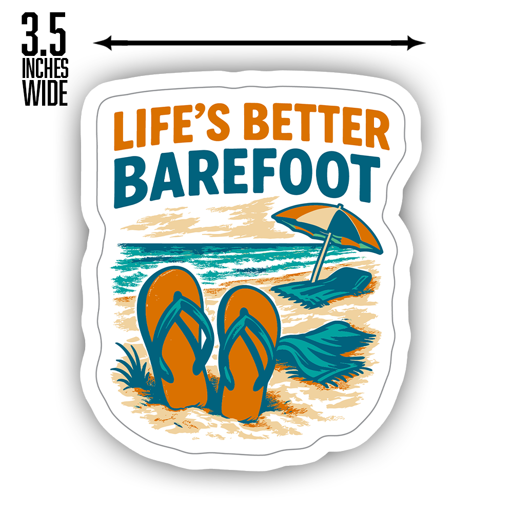 Life’s Better Barefoot Sticker – Beach Flip Flops & Ocean Scene, Coastal Summer Vacation Decal, Tropical Travel Gift