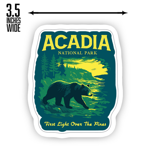 Acadia National Park Sticker – Bear and Sunrise Design, First Light Over the Pines, Nature Hiking Adventure Decal