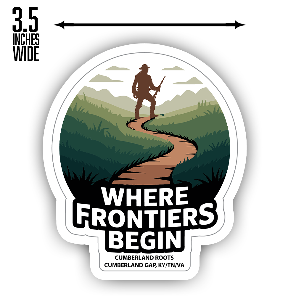 Cumberland Gap Sticker – Where Frontiers Begin Pioneer Trail Design, Kentucky Tennessee Virginia Souvenir Decal