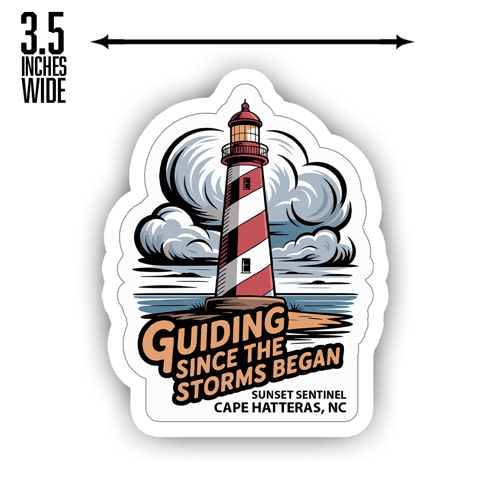 Lighthouse Sticker – Bold Stormy Coast Art, “Guiding Since the Storms Began” Nautical Vinyl Decal for Ocean & Sailor Lovers