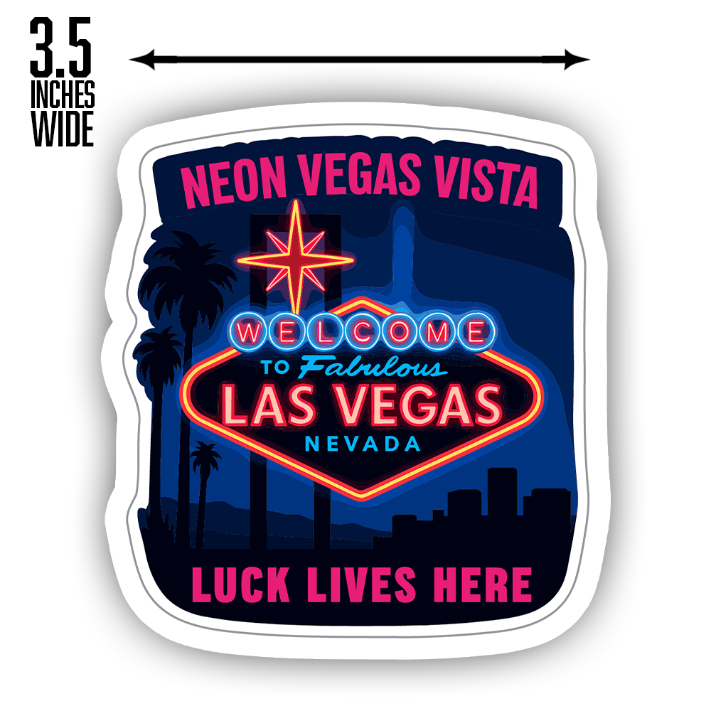 Las Vegas Sticker – Neon Sign Cityscape Art, “Luck Lives Here” Retro Night Vista Vinyl Decal for Vegas & Casino Lovers