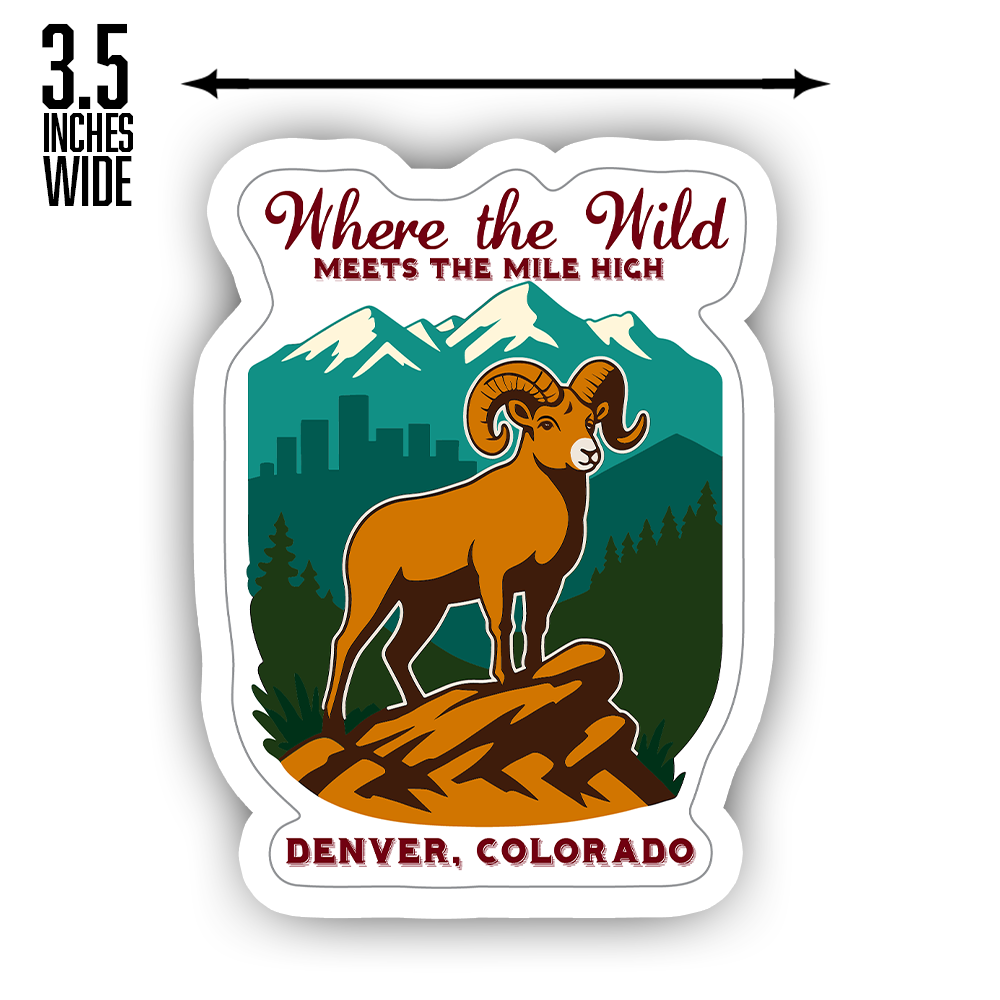 Denver Colorado Sticker – Bighorn Sheep & Mountain Scene, “Where the Wild Meets the Mile High” Nature City Vinyl Decal
